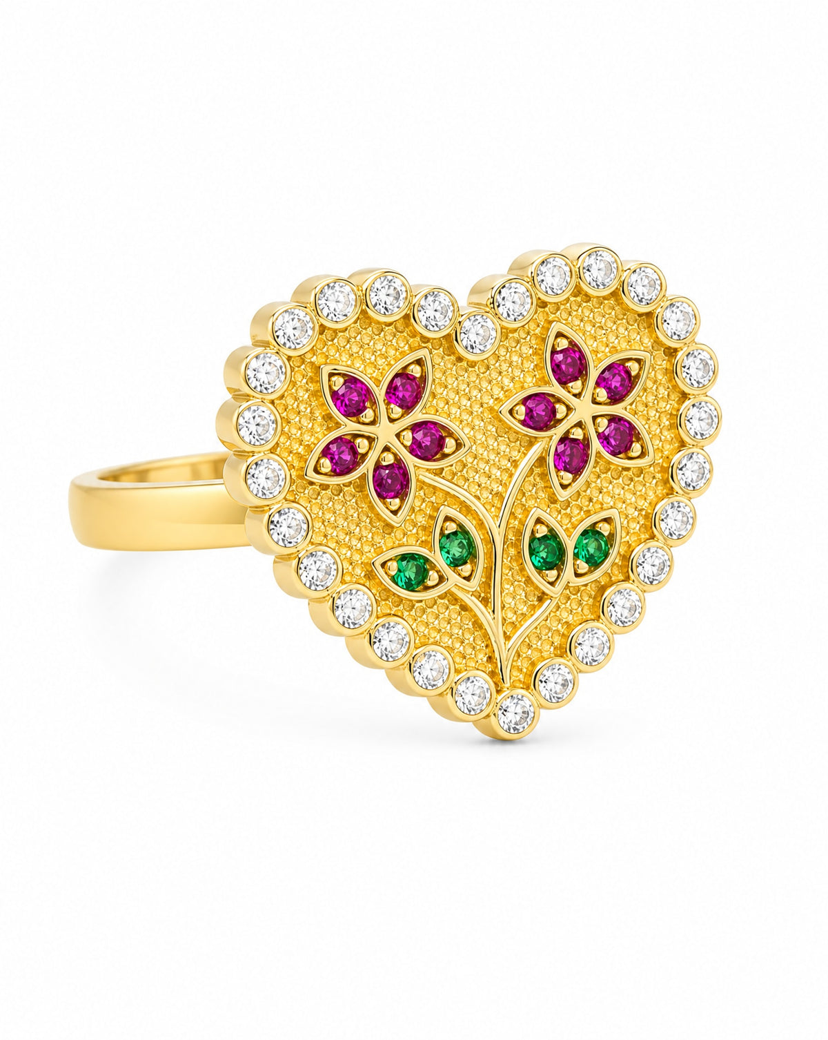 14K Yellow Gold Floral Heart Textured CZ Ring