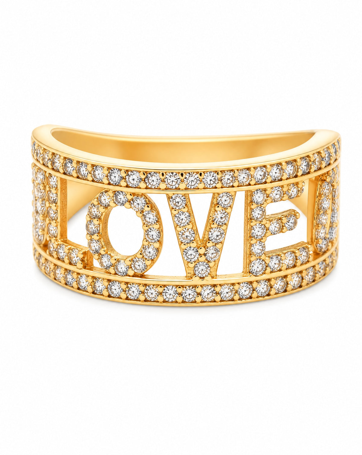 14K Yellow Gold Wide "Love" Pave with CZ Hearts Ring
