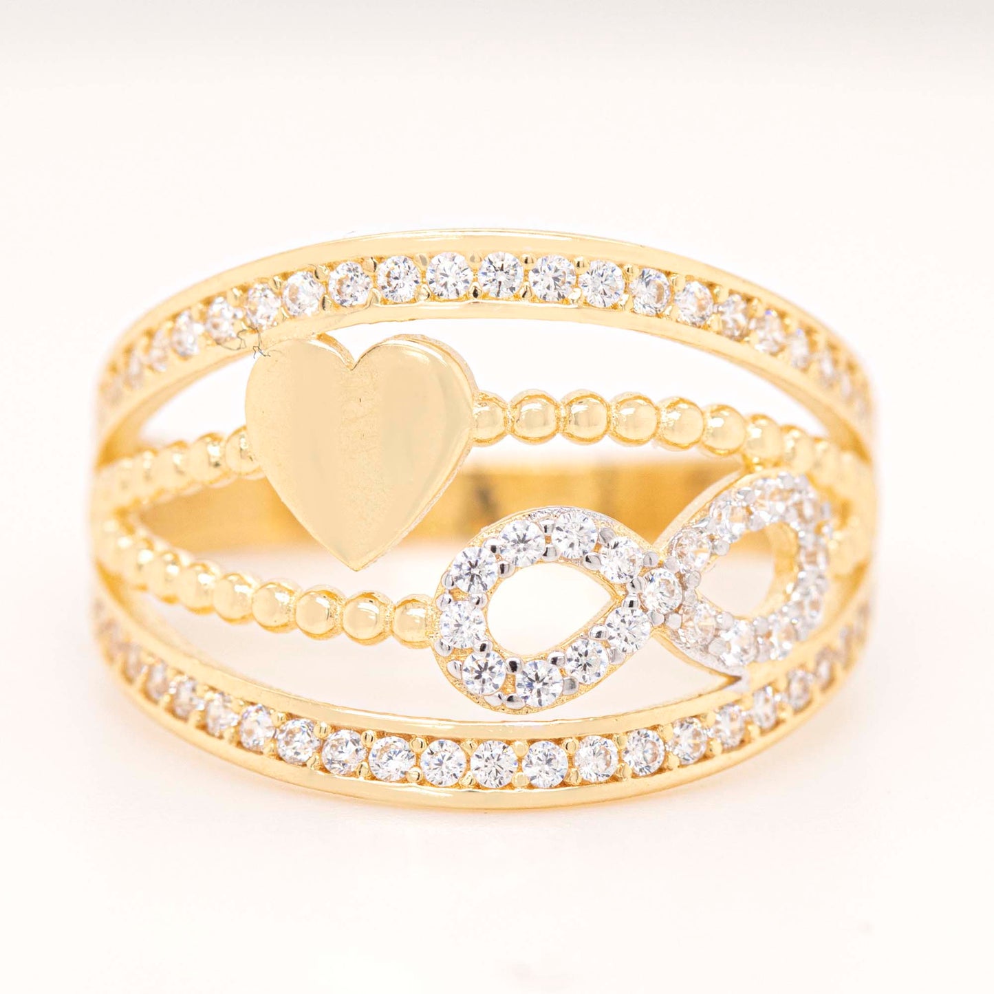 14K Two-Tones Gold Heart and Infinity Layered with CZ Accents Ring