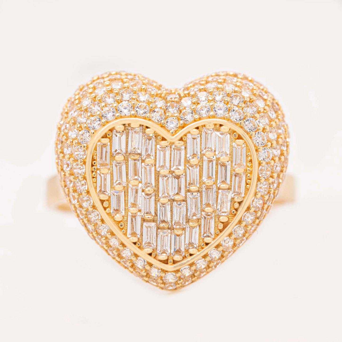 14K Yellow Gold Large Pave Baguette Heart CZ Ring