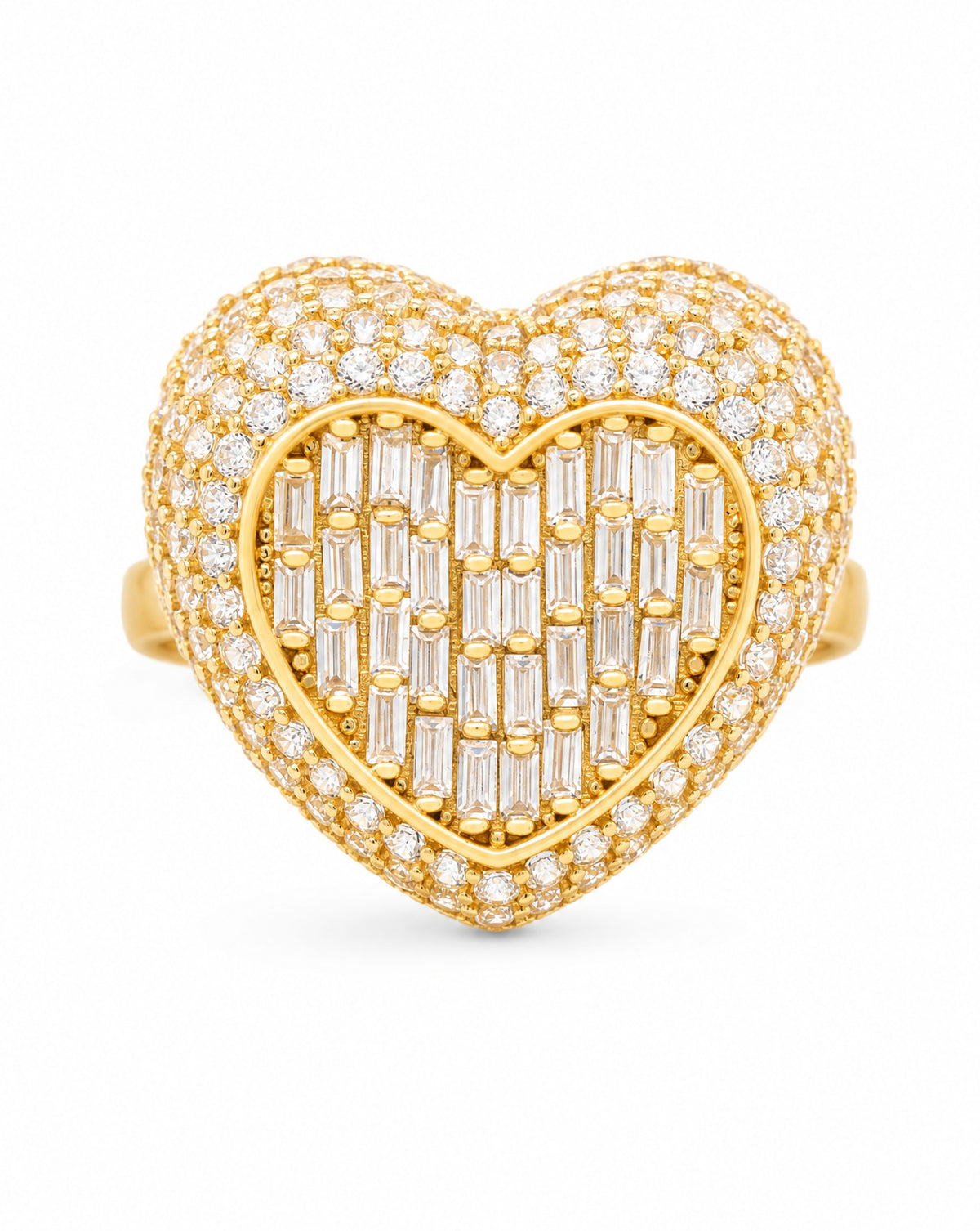 14K Yellow Gold Large Pave Baguette Heart CZ Ring