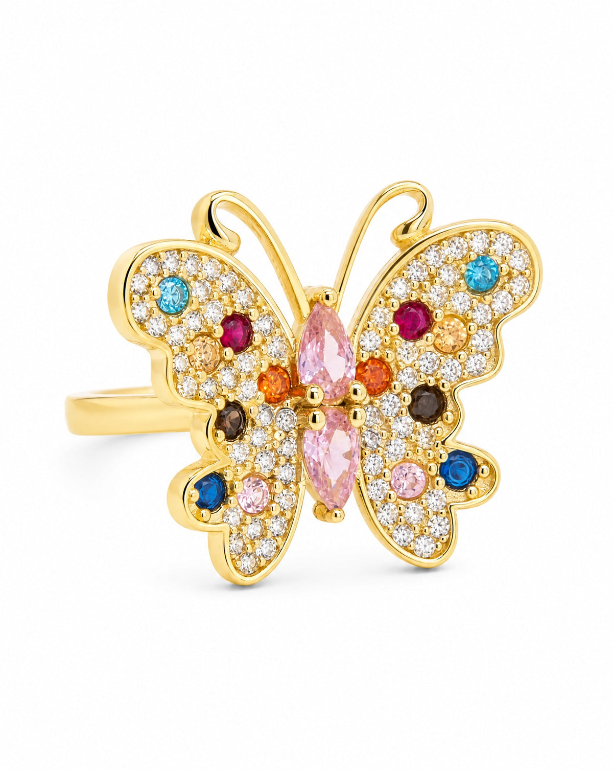 14K Yellow Gold Multi-Color Pave Butterfly CZ Ring