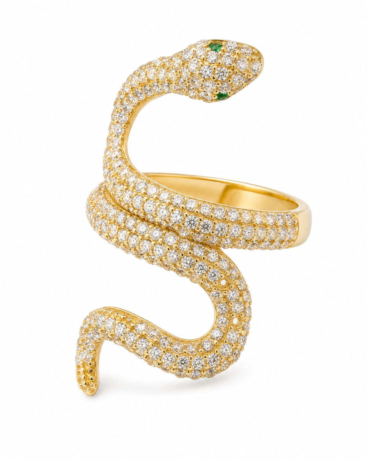 14K Yellow Gold Pave Snake Green Eye CZ Wrap Ring
