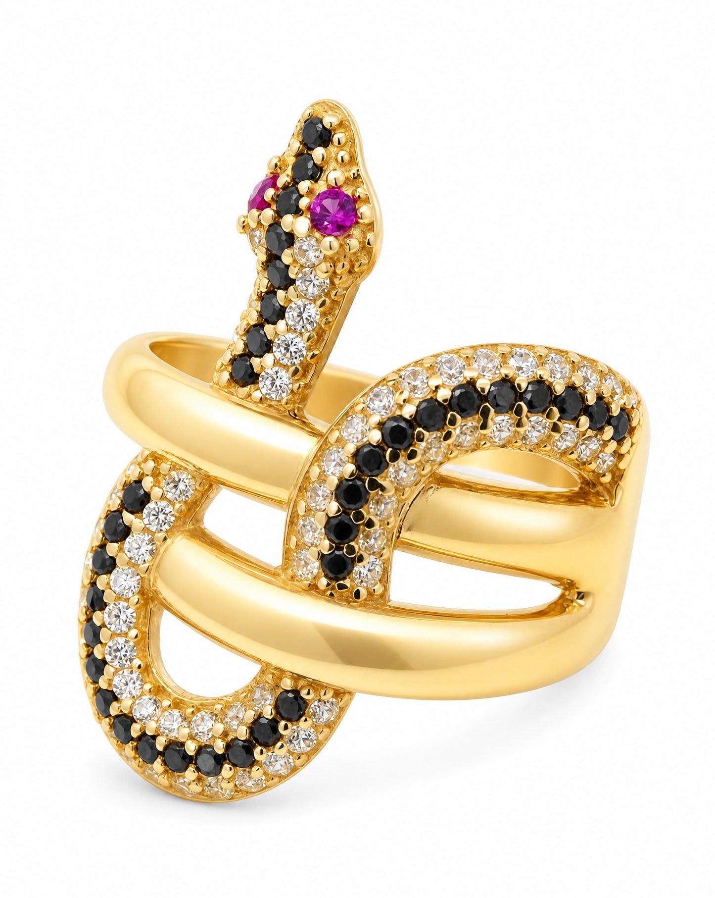 14K Yellow Gold Intertwined Black & White CZ Snake Ring