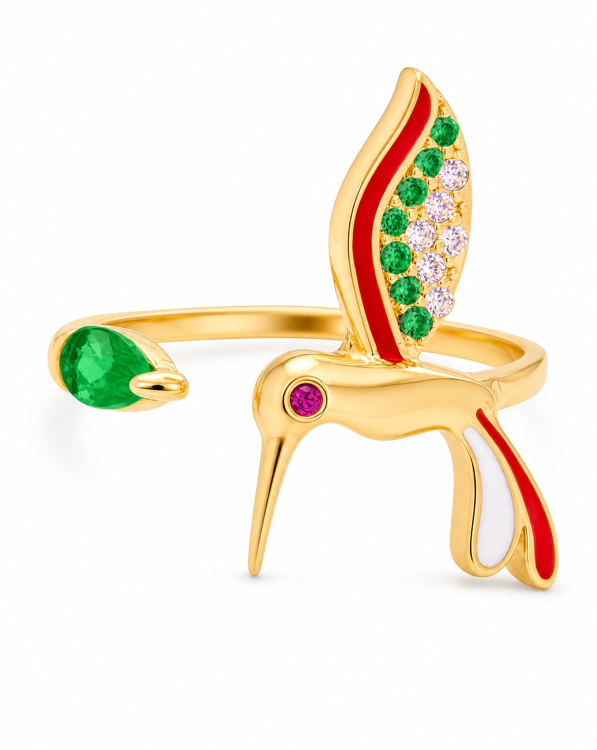 14K Yellow Gold Red & Green Hummingbird Bypass Enamel CZ Ring