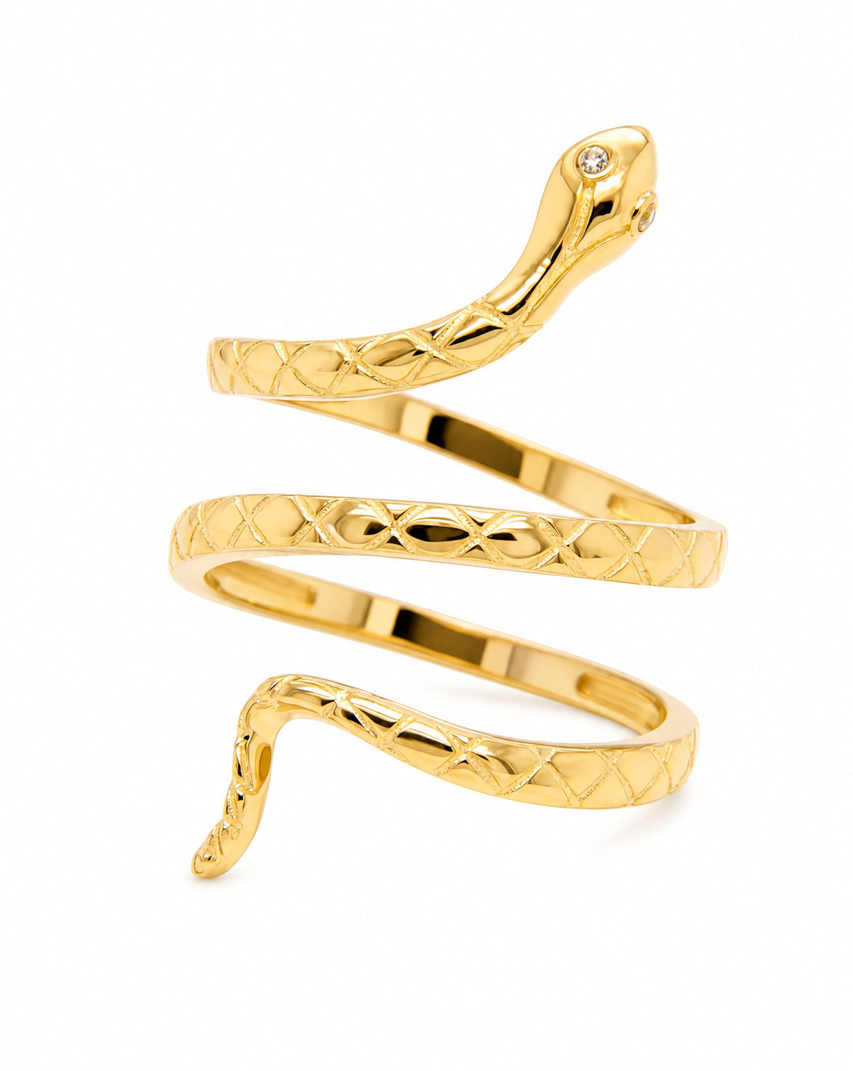 14K Yellow Gold Snake Coil Textured CZ Wrap Ring
