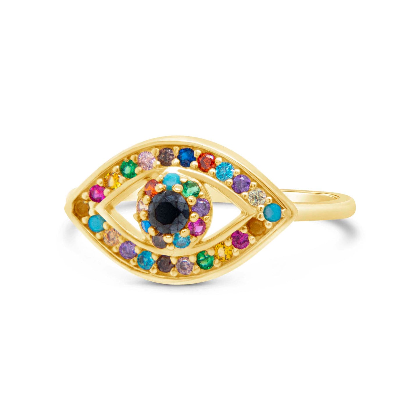 14K Yellow Gold Multi-Color Evil Eye CZ Ring