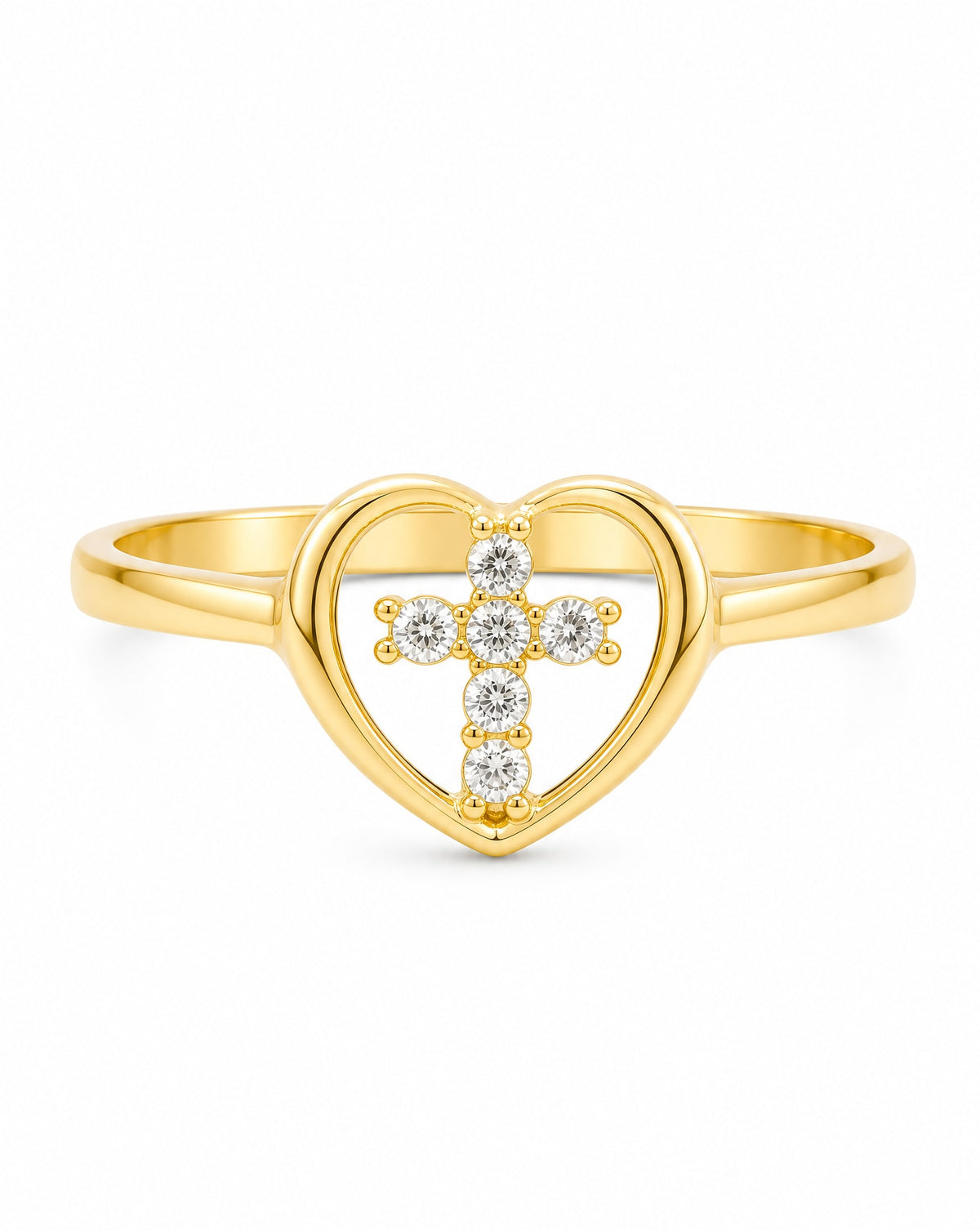 14K Yellow Gold Open Heart Cross CZ Ring