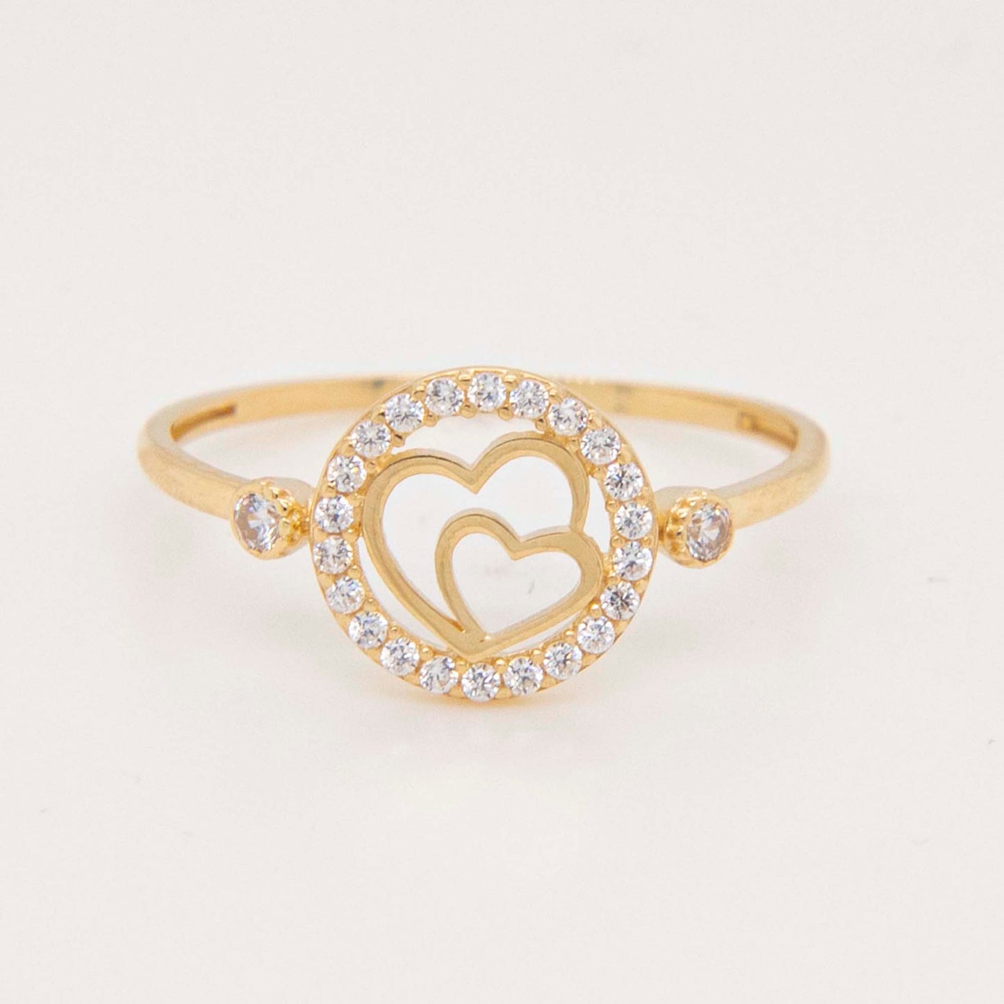 14K Yellow Gold Double Heart Circle CZ Ring