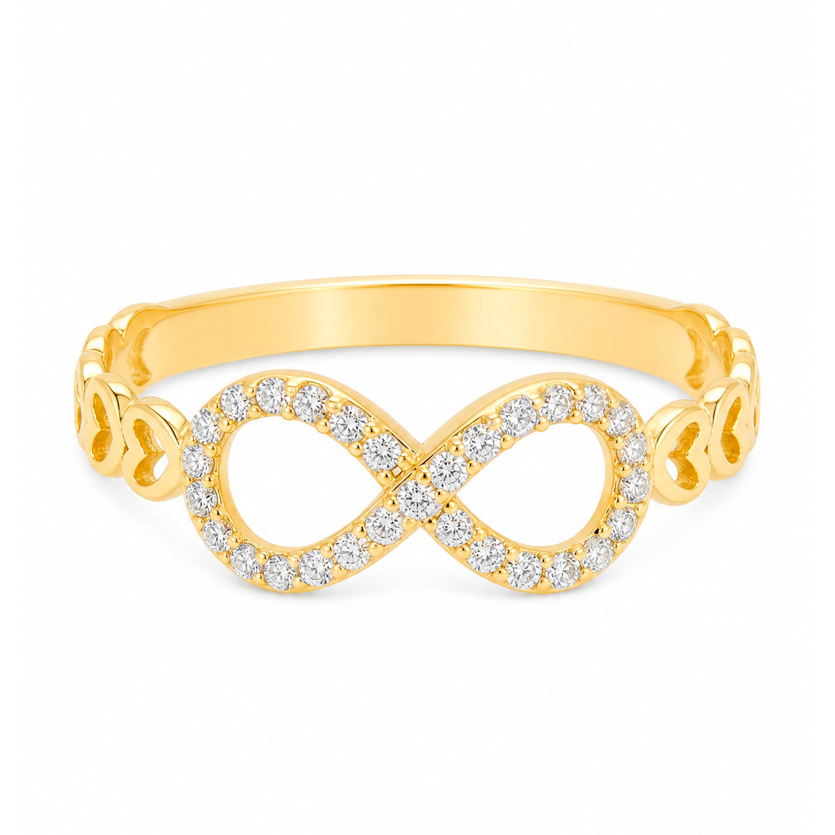 14K Yellow Gold Infinity CZ with Heart Patterned Band Ring