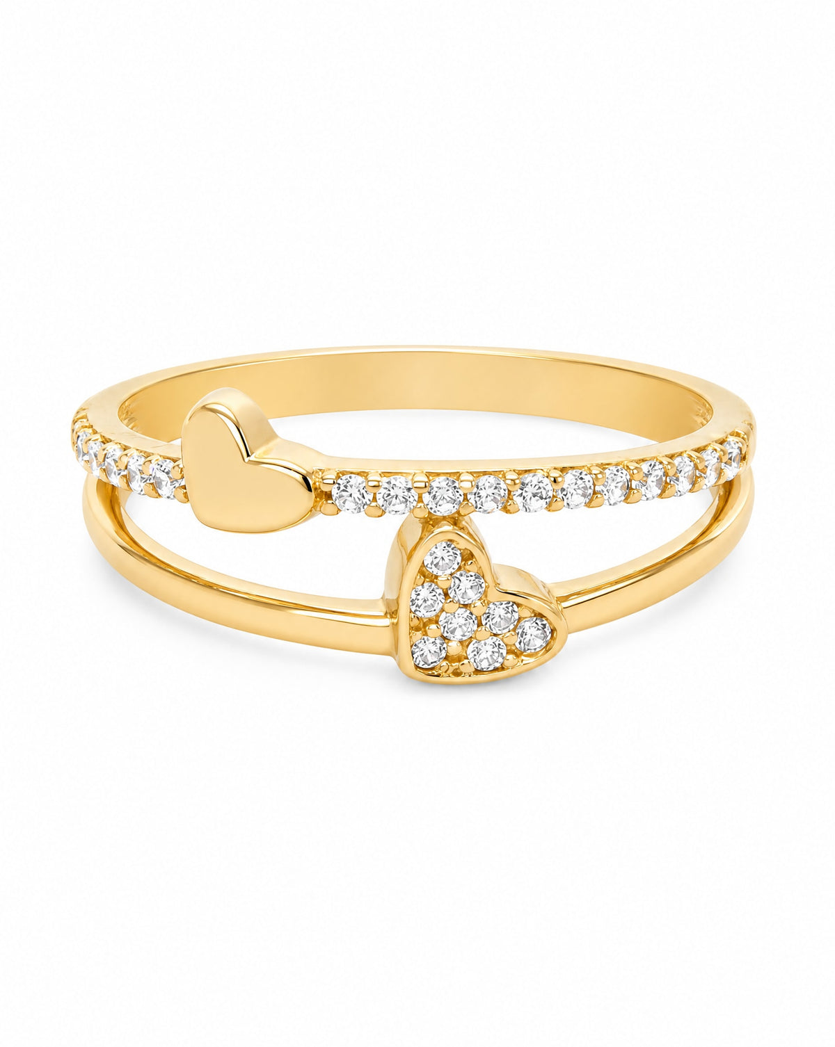 14K Yellow Gold Double Heart and Double Band CZ Ring