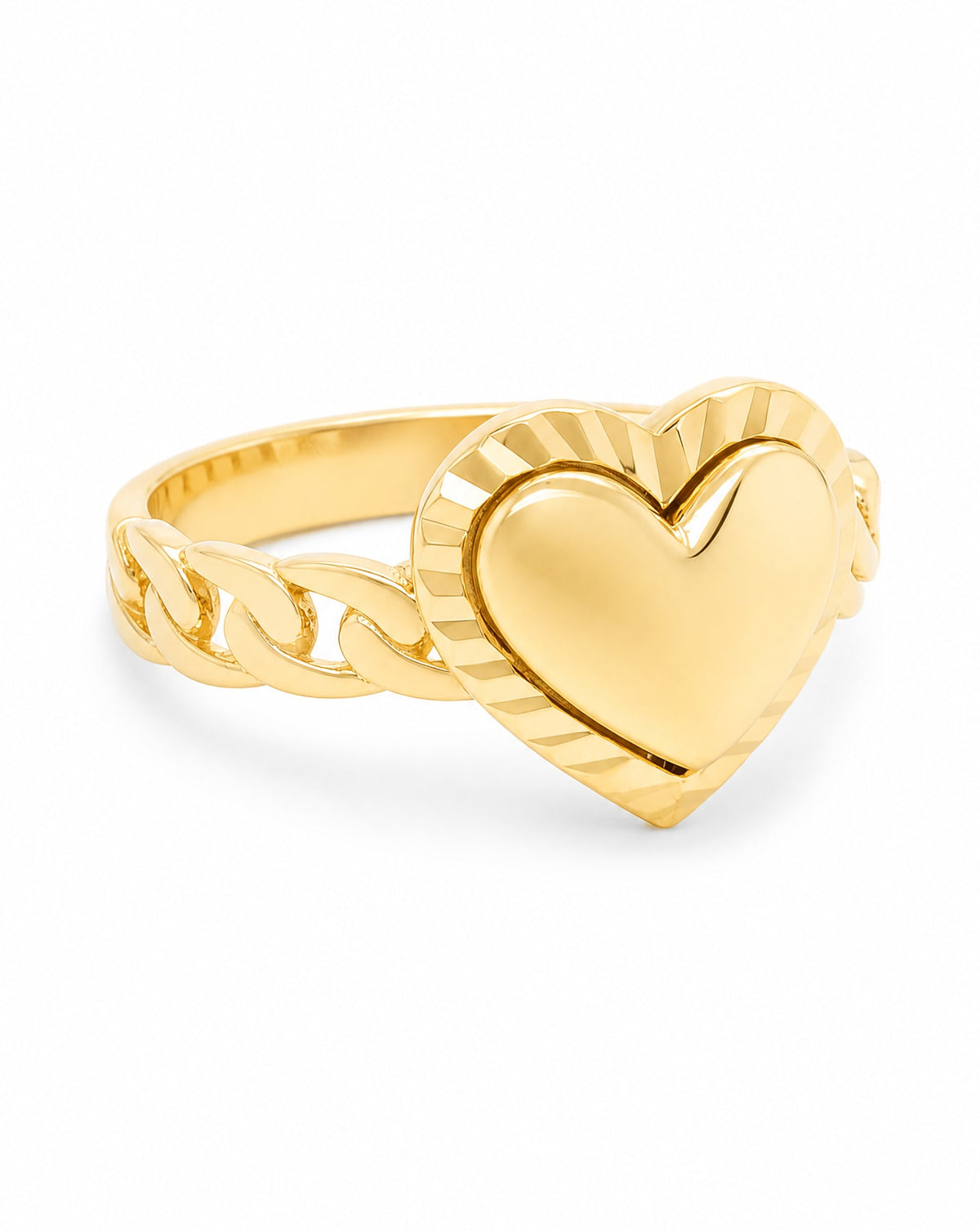 14k Yellow Gold Diamond Cut Heart Chain Link Ring