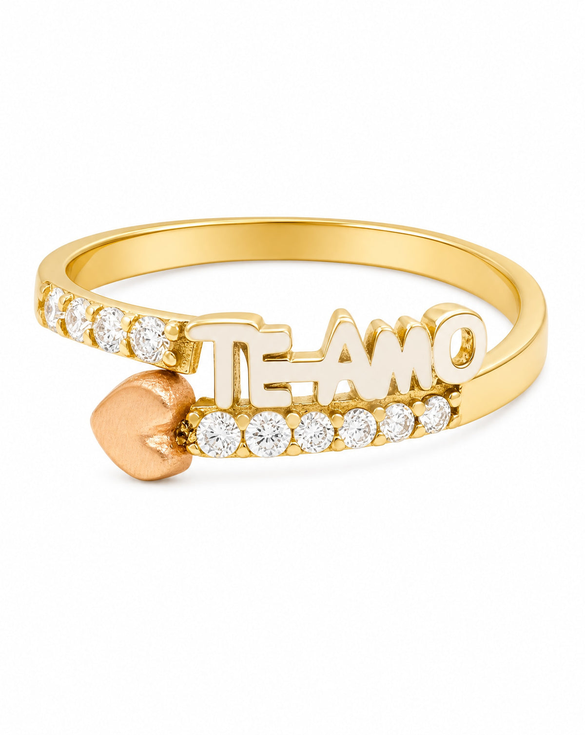 14K Tri-Color Gold "Te Amo" Bypass Heart with CZ Accents Ring