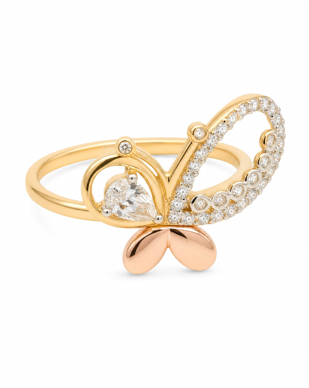 14K Tri-Color Gold Abstract Butterfly CZ Ring