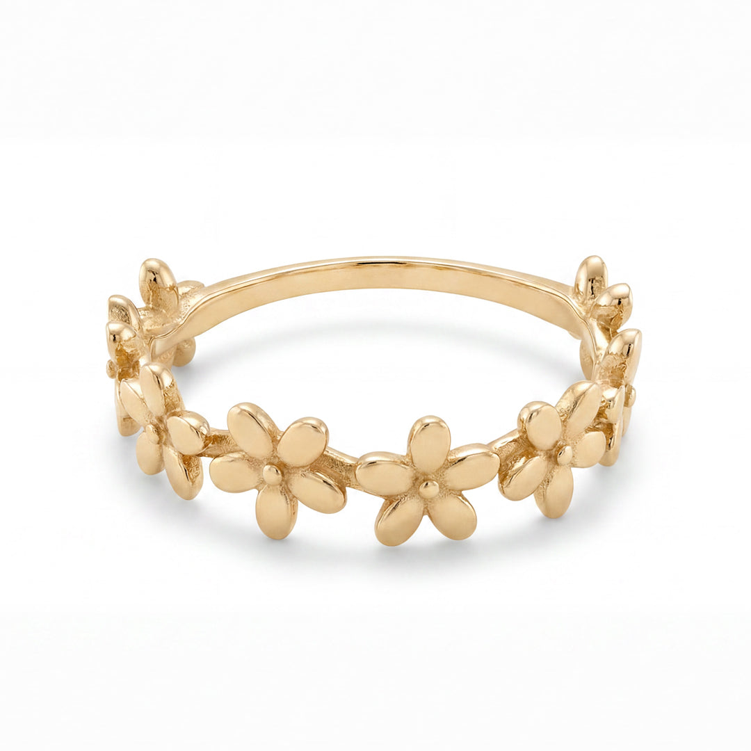 14K Yellow Gold Multi Daisy Flower Band Ring