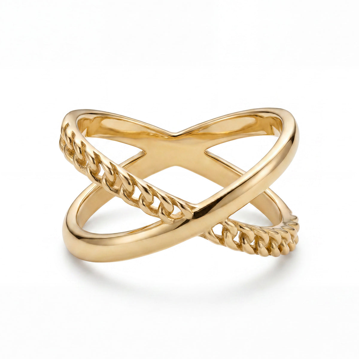 14K Yellow Gold Cuban Link and Plain Criss Cross Ring