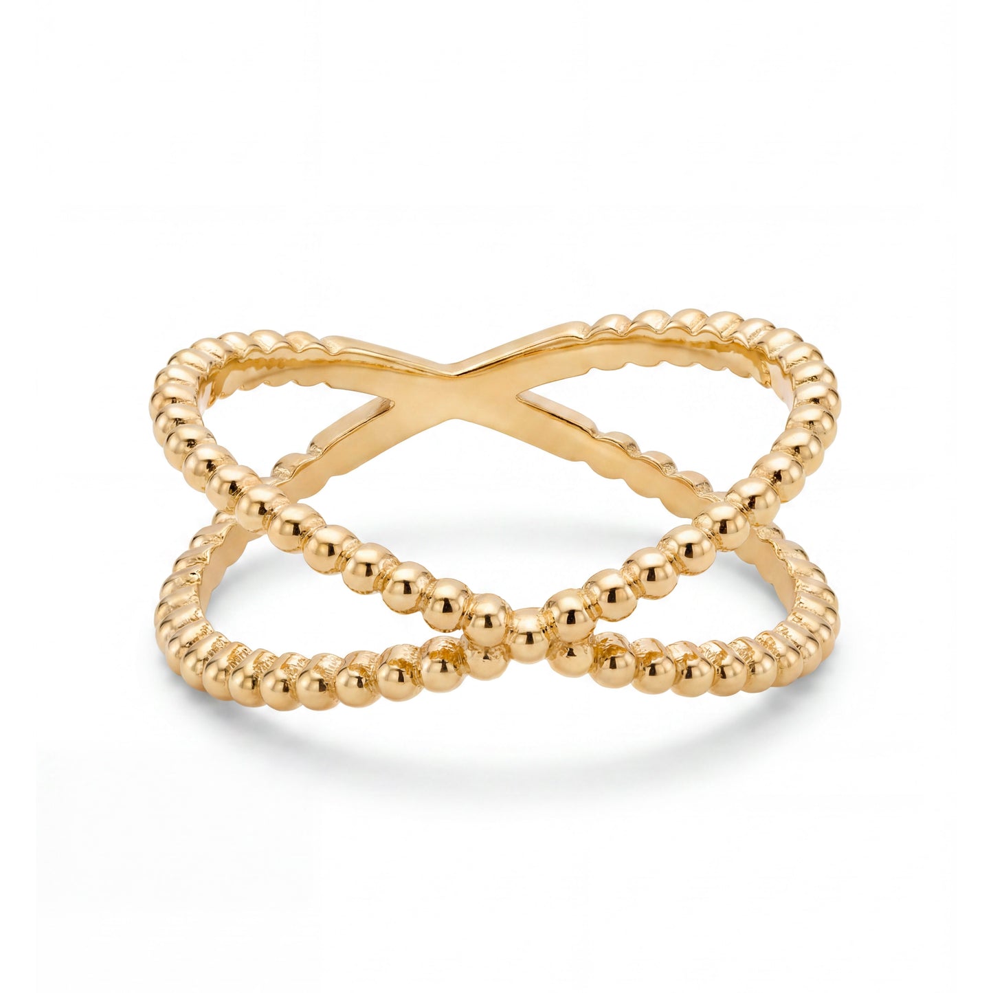 14K Yellow Gold Thin Beaded Criss Cross Ring