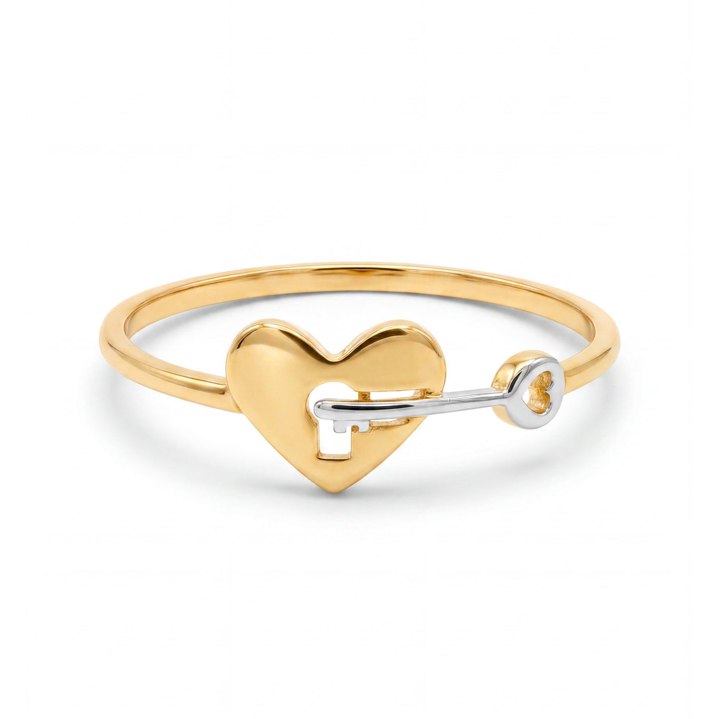 14K 2 Tones Gold Heart and Key Ring