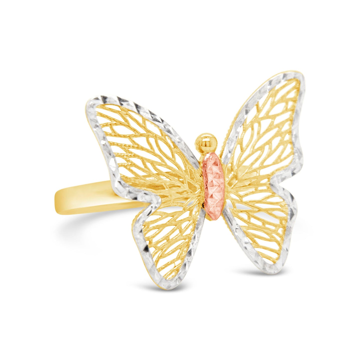 14K Tri Color Gold Detailed Open Butterfly Ring