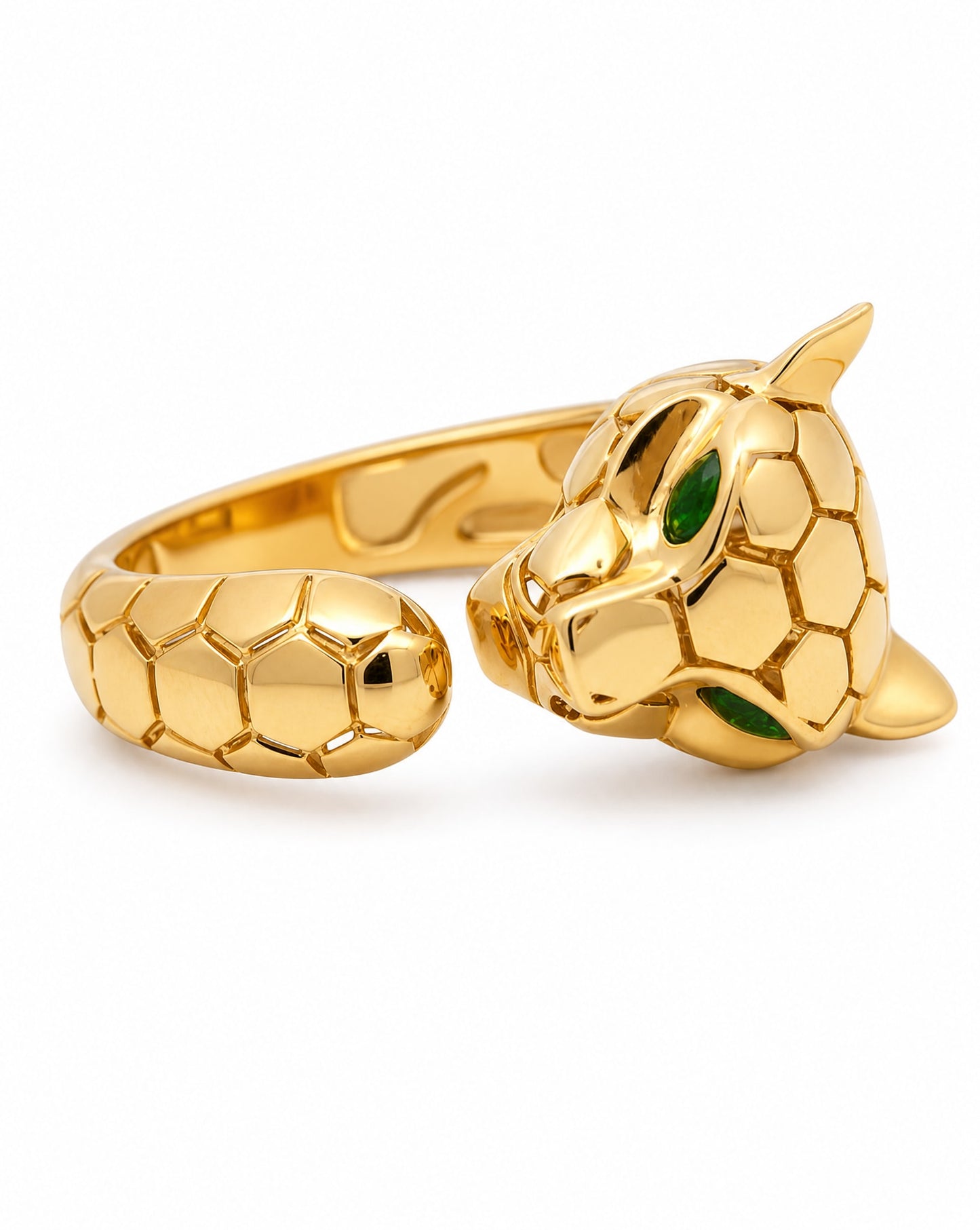 14K Yellow Gold Plain Green Eyes Panther Ring