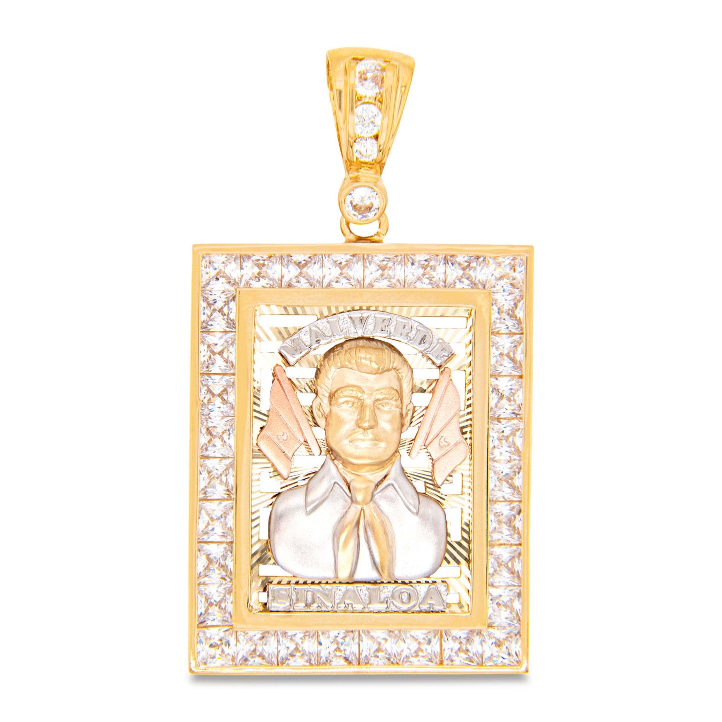 14K Tri-Color Gold CZ Malverde Sinaloa Portait Pendant