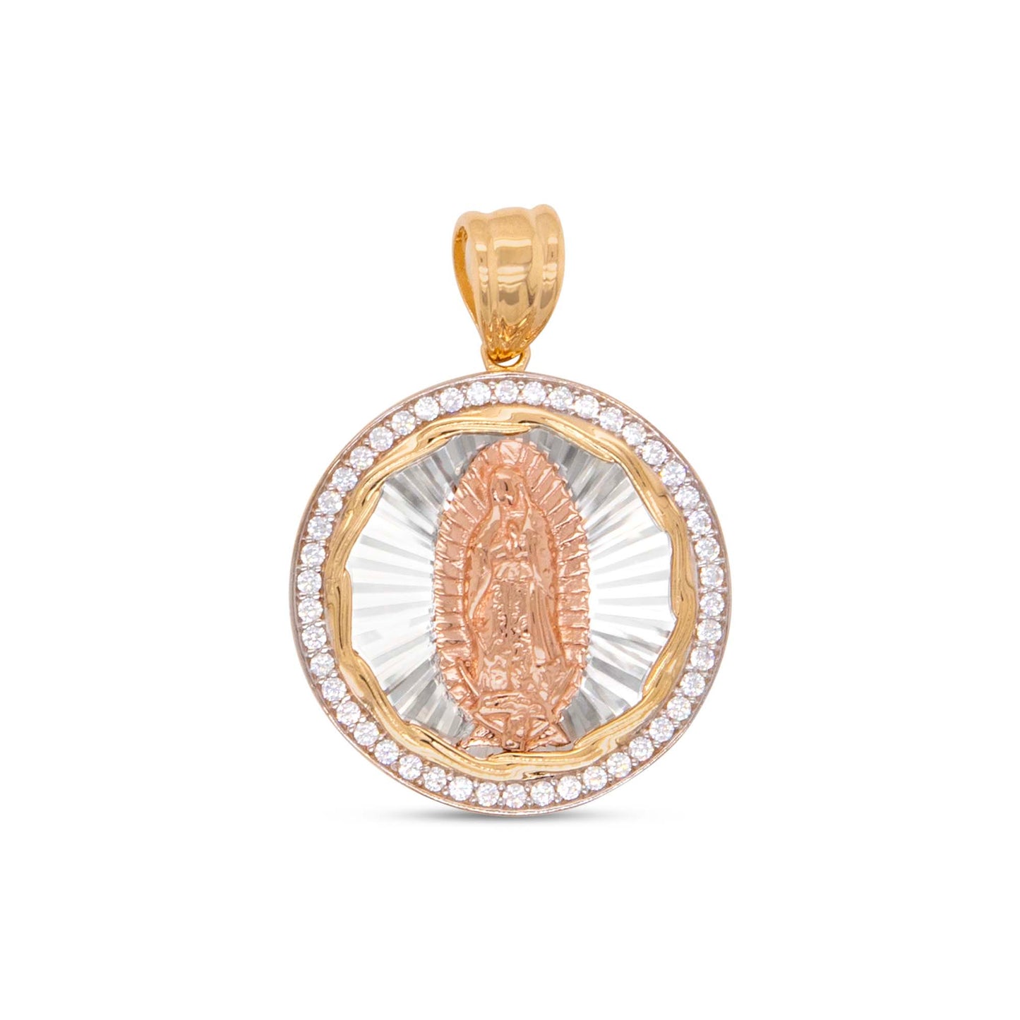 14K Tri-Color Gold CZ Round Guadalupe Diamond Cut Pendant