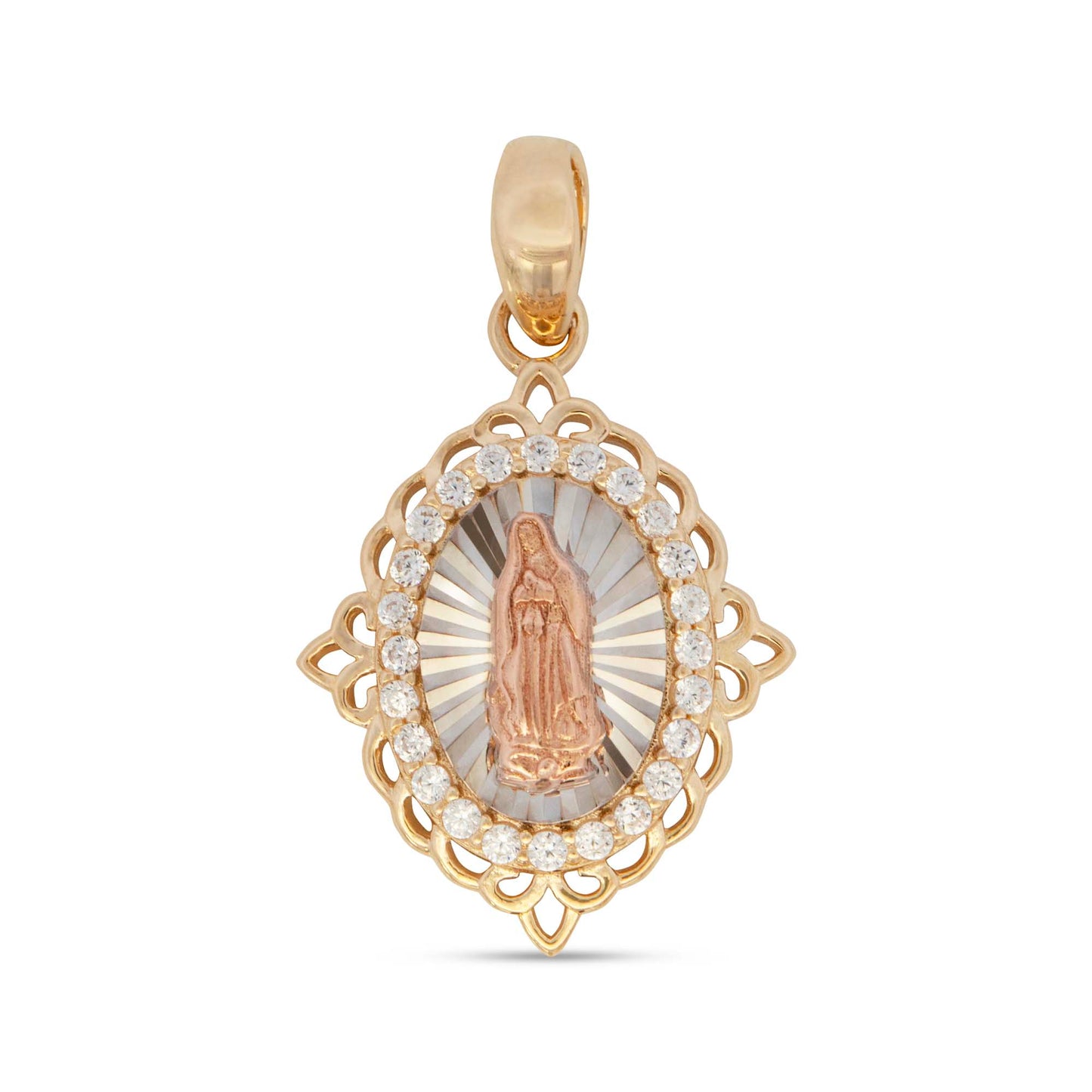 14K Tri-Color Gold CZ Oval Guadalupe Diamond Cut Pendant