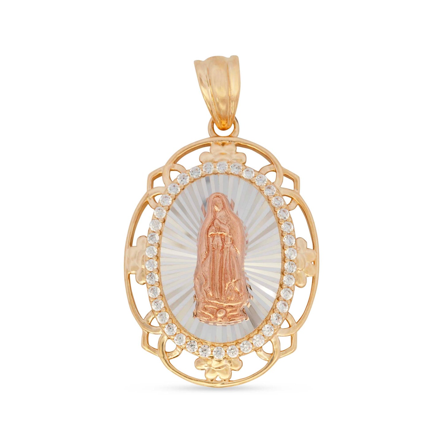 14K Tri-Color Gold CZ Detailed Oval Guadalupe Diamond Cut Pendant