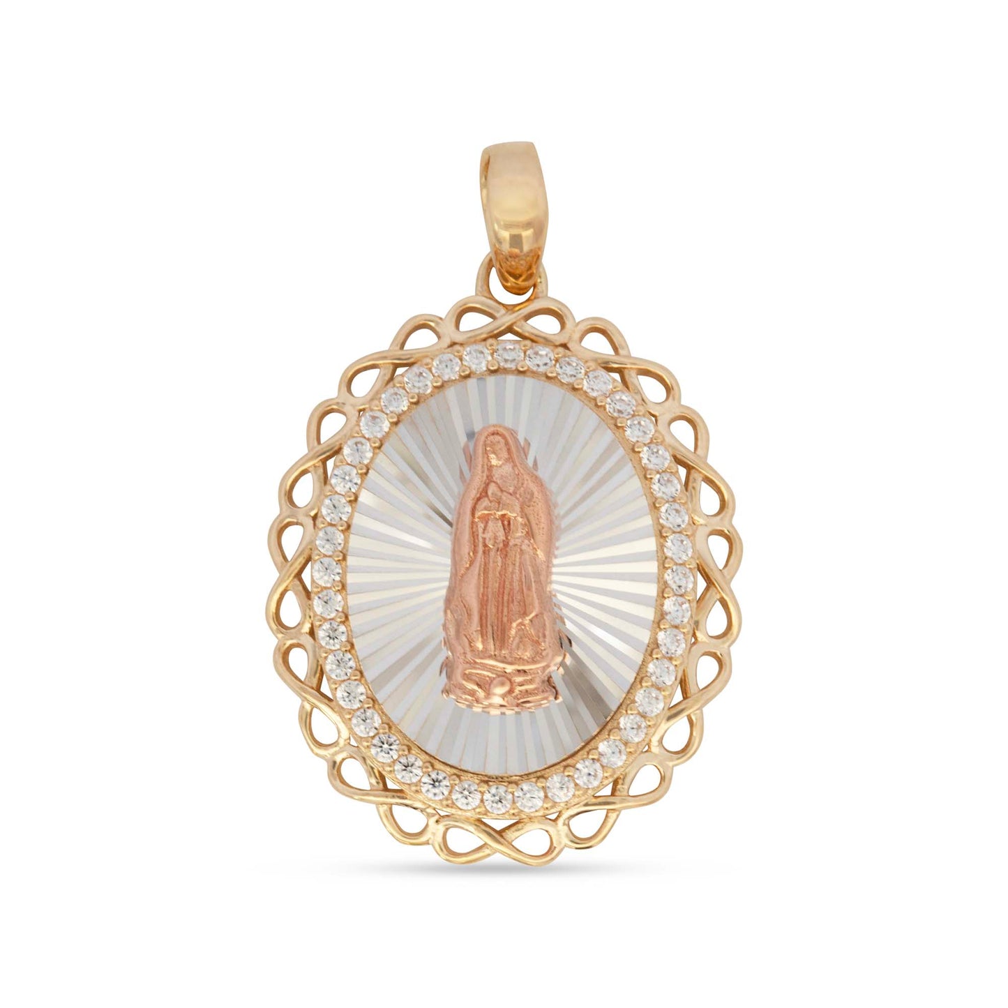 14K Tri-Color Gold CZ Infinity Detailed Oval Guadalupe Diamond Cut Pendant