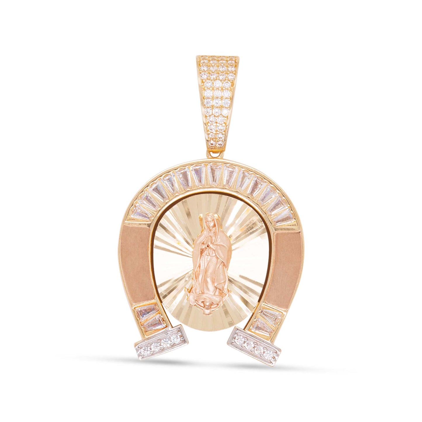14K Tri-Color Gold CZ Horshoe Guadalupe Diamond Cut Pendant