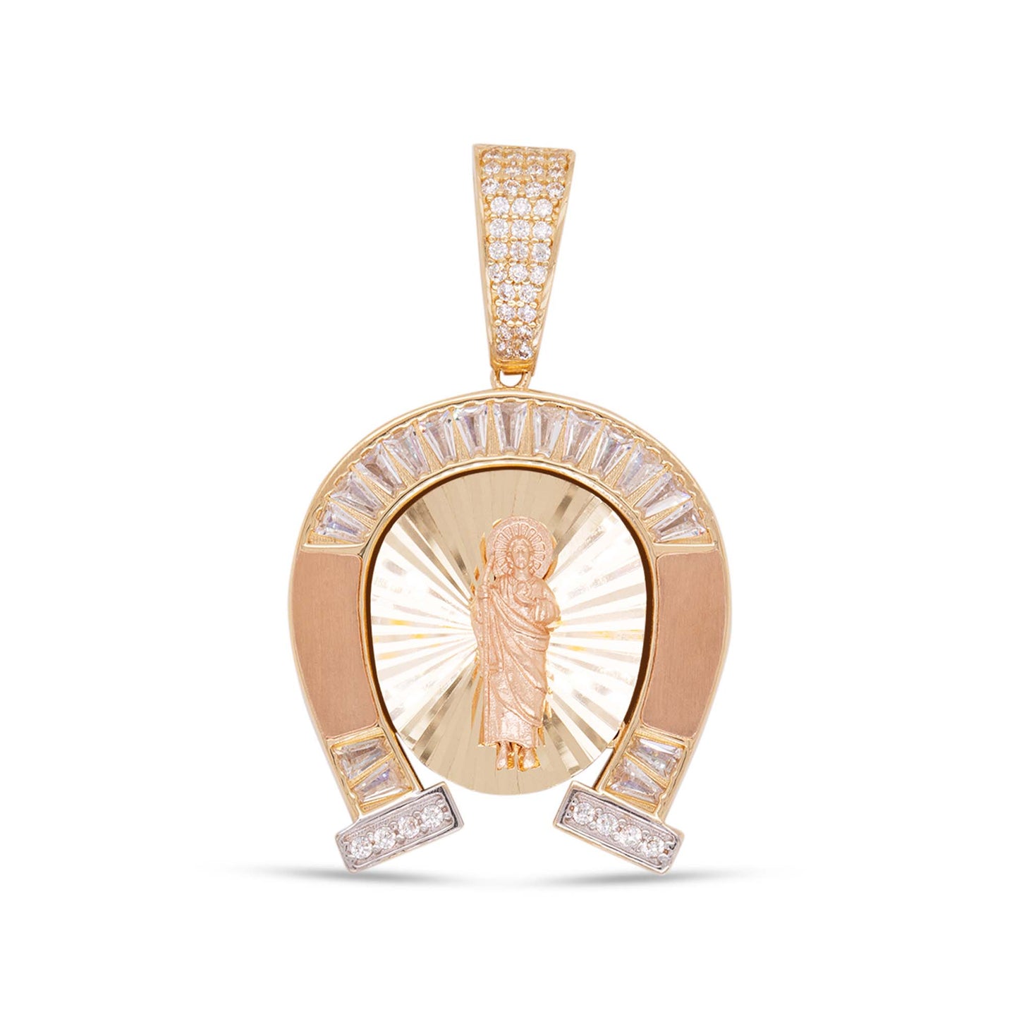14K Tri-Color Gold CZ Horshoe San Judas Diamond Cut Pendant