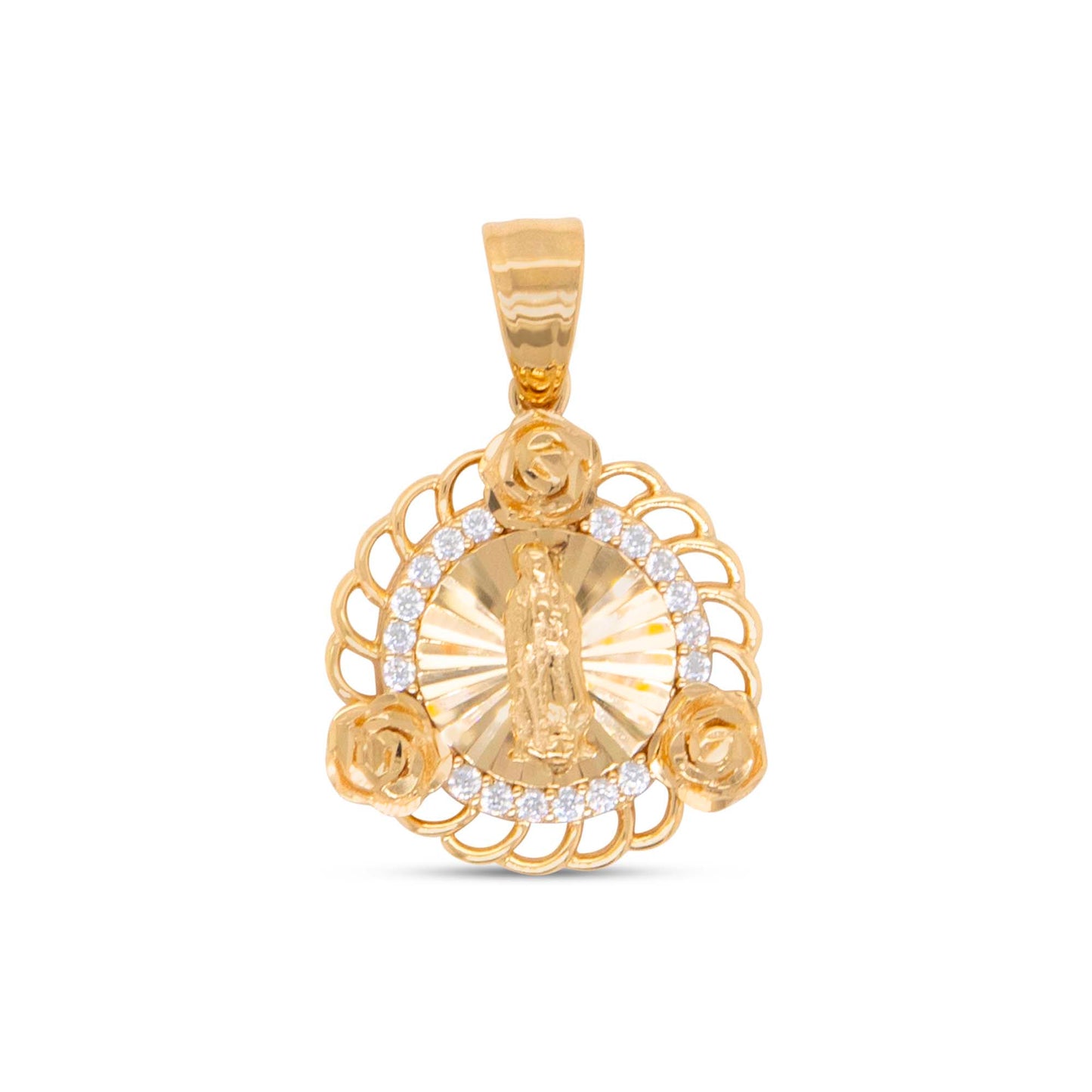 14K Yellow Gold CZ Round Floral Detailed Guadalupe Pendant