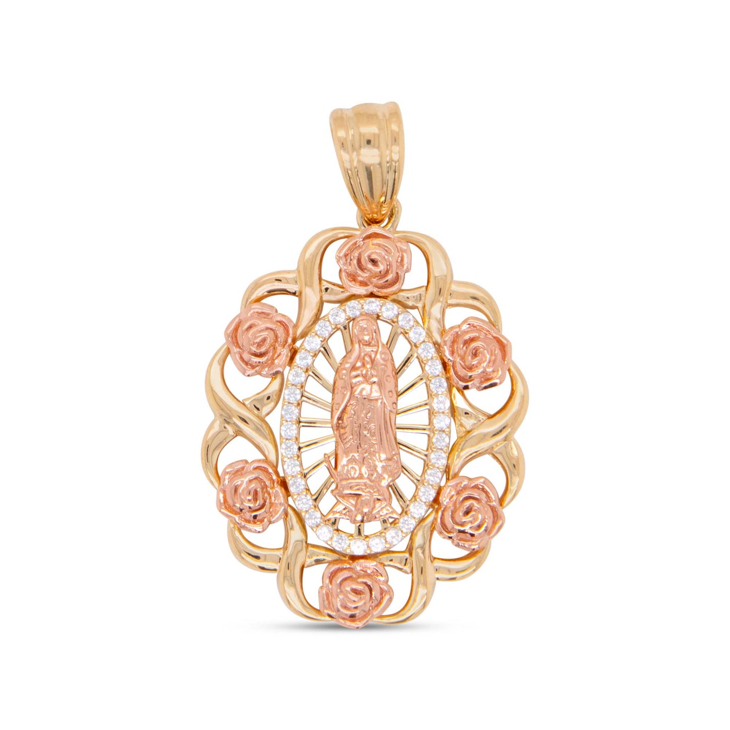 14K Two-Tones Gold Floral Oval Detailed Guadalupe Pendant