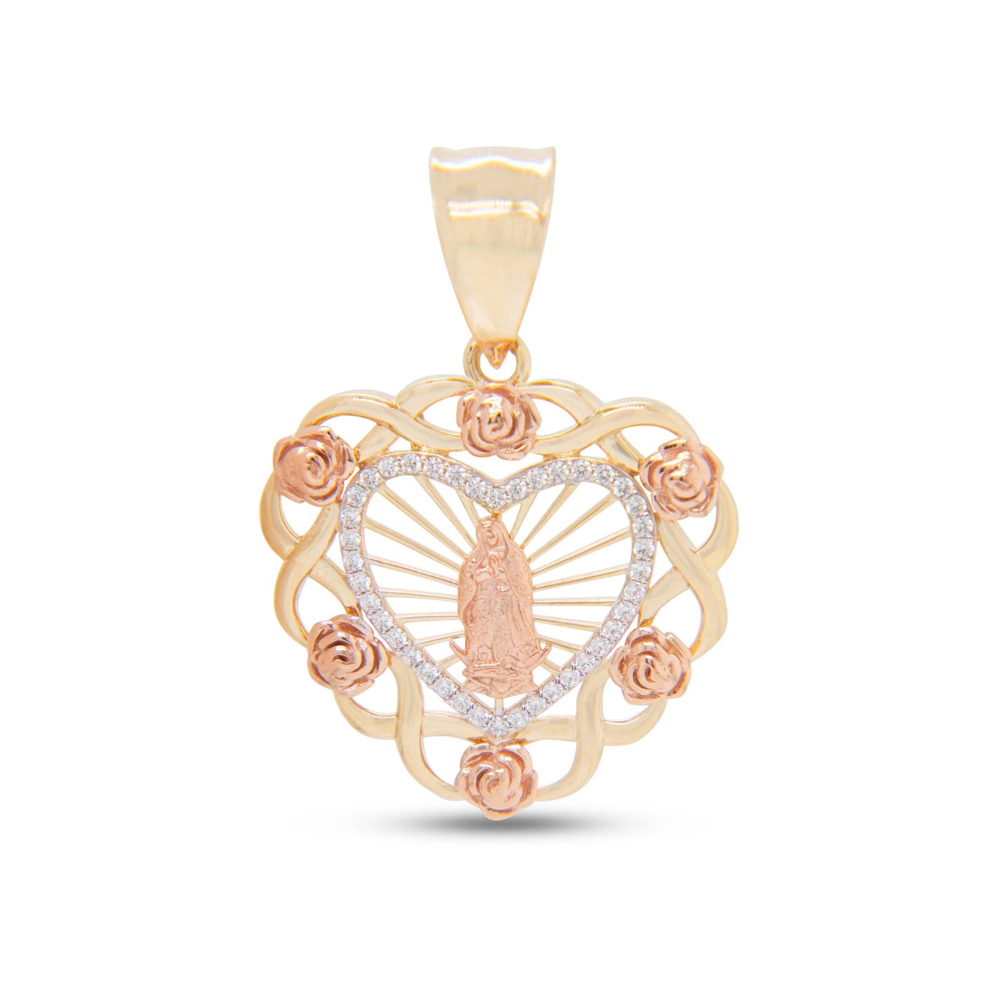 14K Tri-Color Gold Small Floral Heart Guadalupe Pendant
