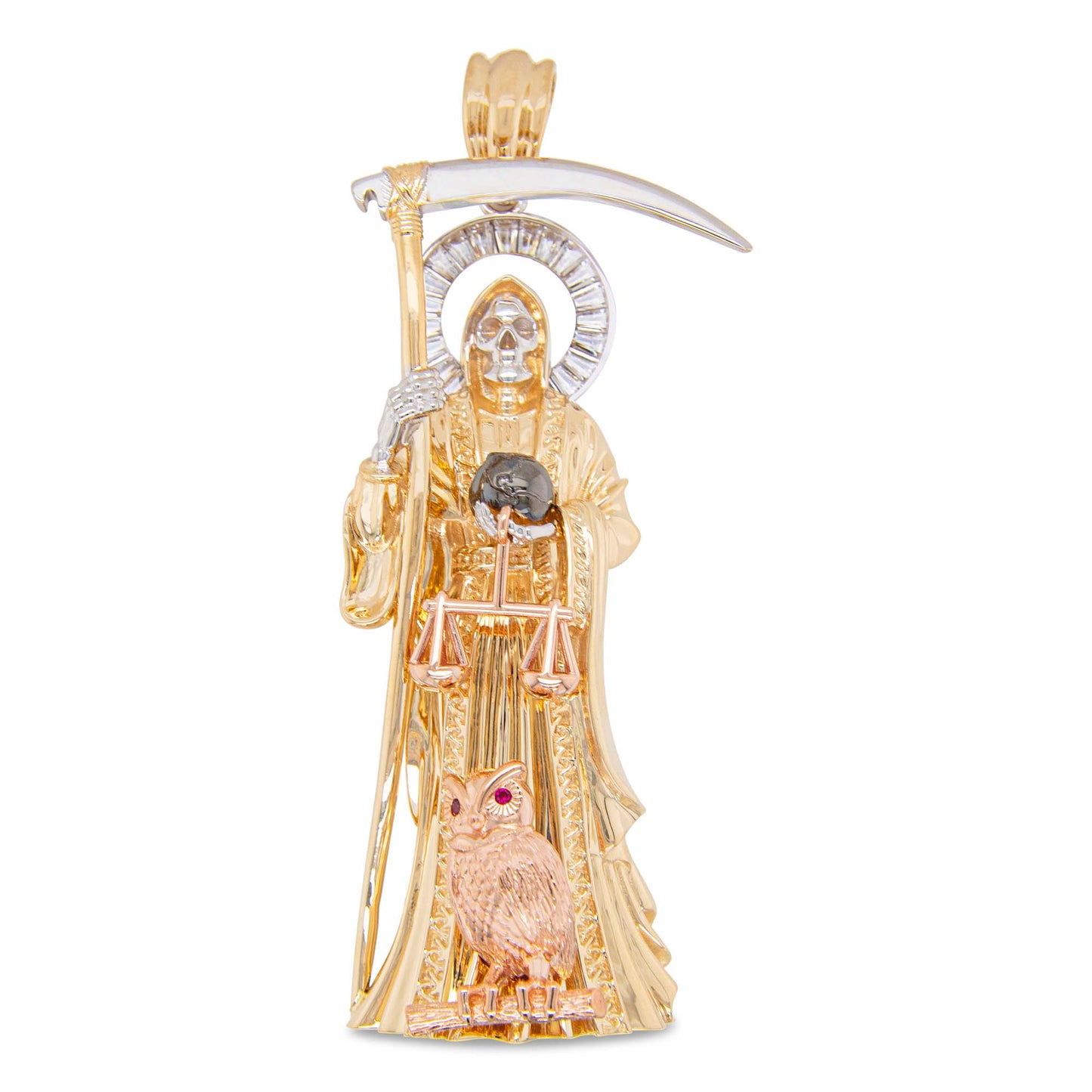 14K Tri-Color Gold CZ Santa Muerte Pendant