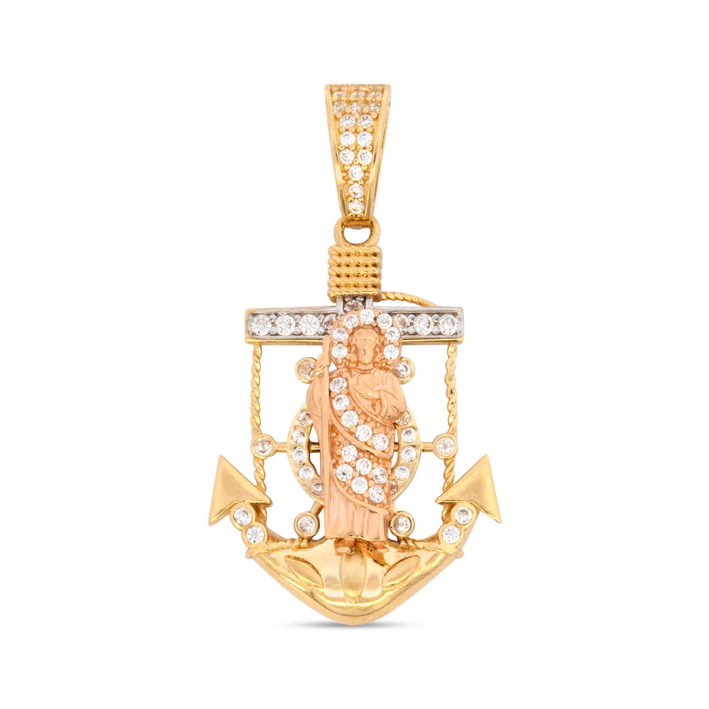 14K Tri-Color Gold CZ Anchor San Hudas Pendant