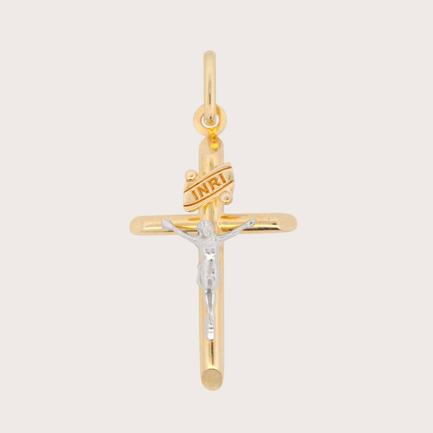 14K Two-Tones Gold Extra Small Tube Cross with Christ Pendant