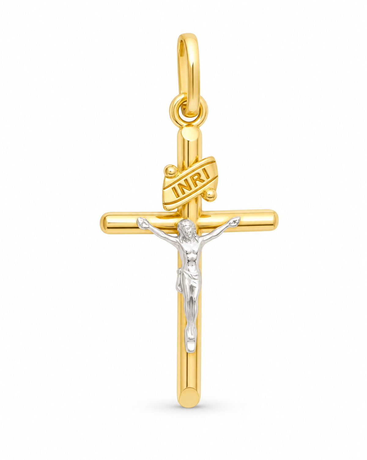 14K Two-Tones Gold Extra Small Tube Cross with Christ Pendant
