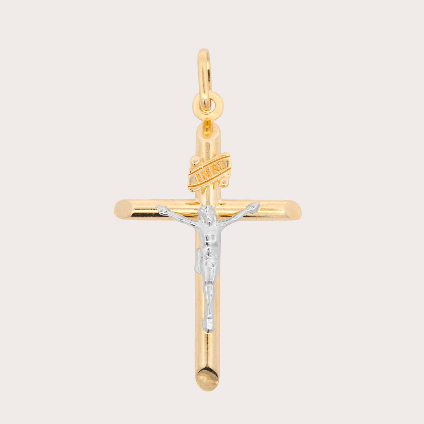 14K Two-Tones Gold Small Tube Cross with Christ Pendant
