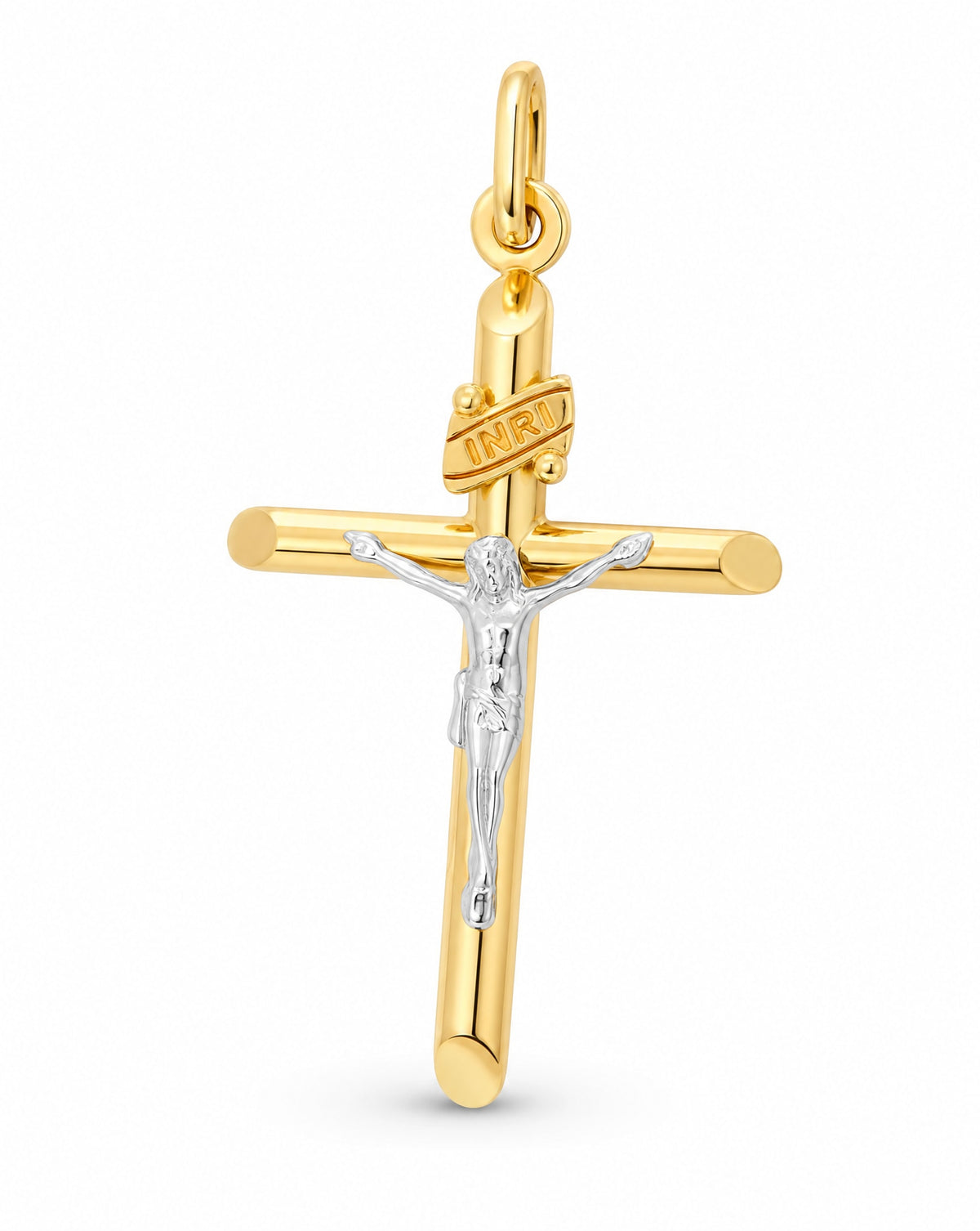 14K Two-Tones Gold Small Tube Cross with Christ Pendant