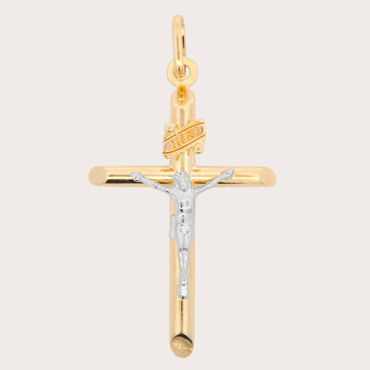 14K Two-Tones Gold Large Tube Cross with Christ Pendant