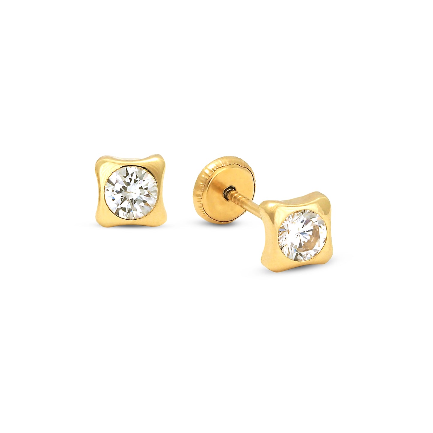 14K Yellow Gold 3MM White Bezel Set CZ Studs Rounded Square Screwback Earrings