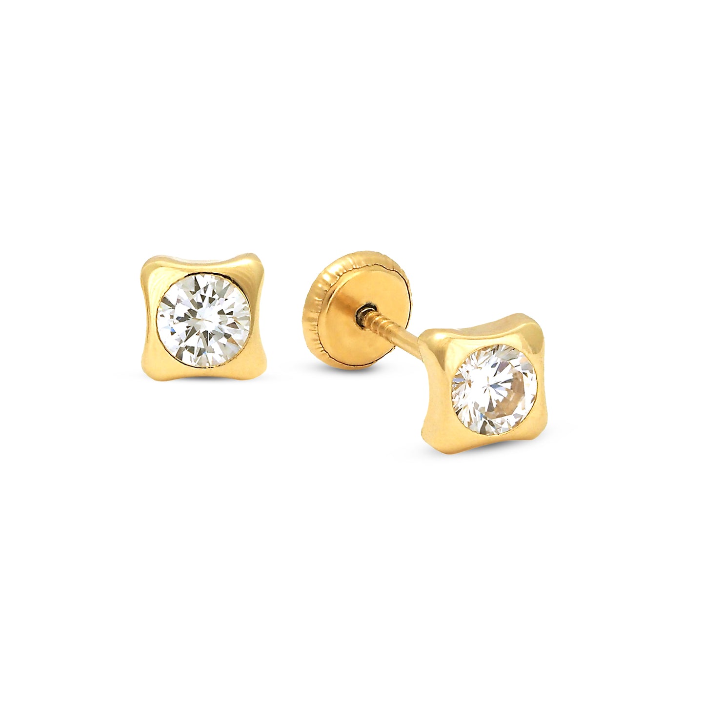 14K Yellow Gold 4MM White Bezel Set CZ Studs Rounded Square Screwback Earrings