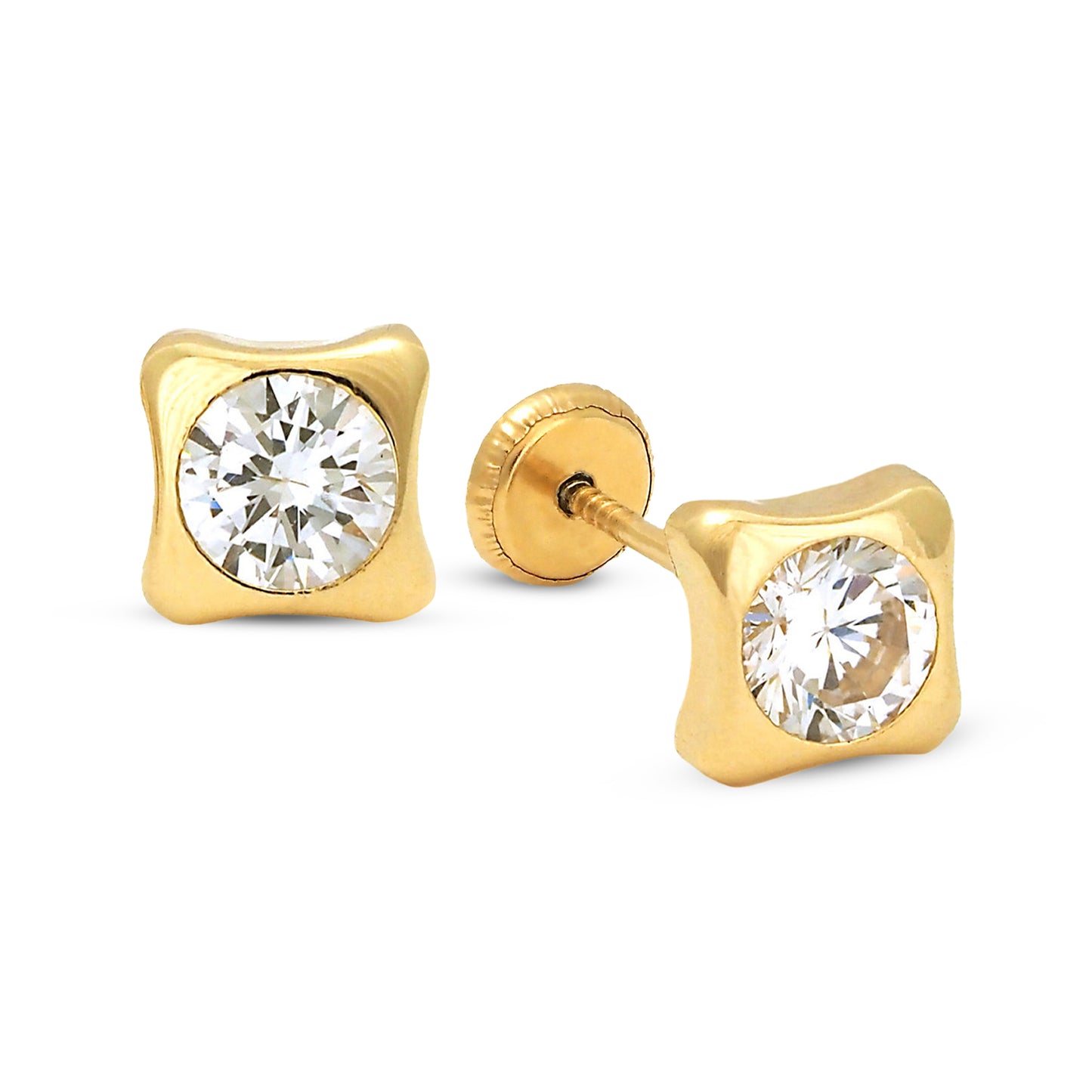 14K Yellow Gold 6MM White Bezel Set CZ Studs Rounded Square Screwback Earrings