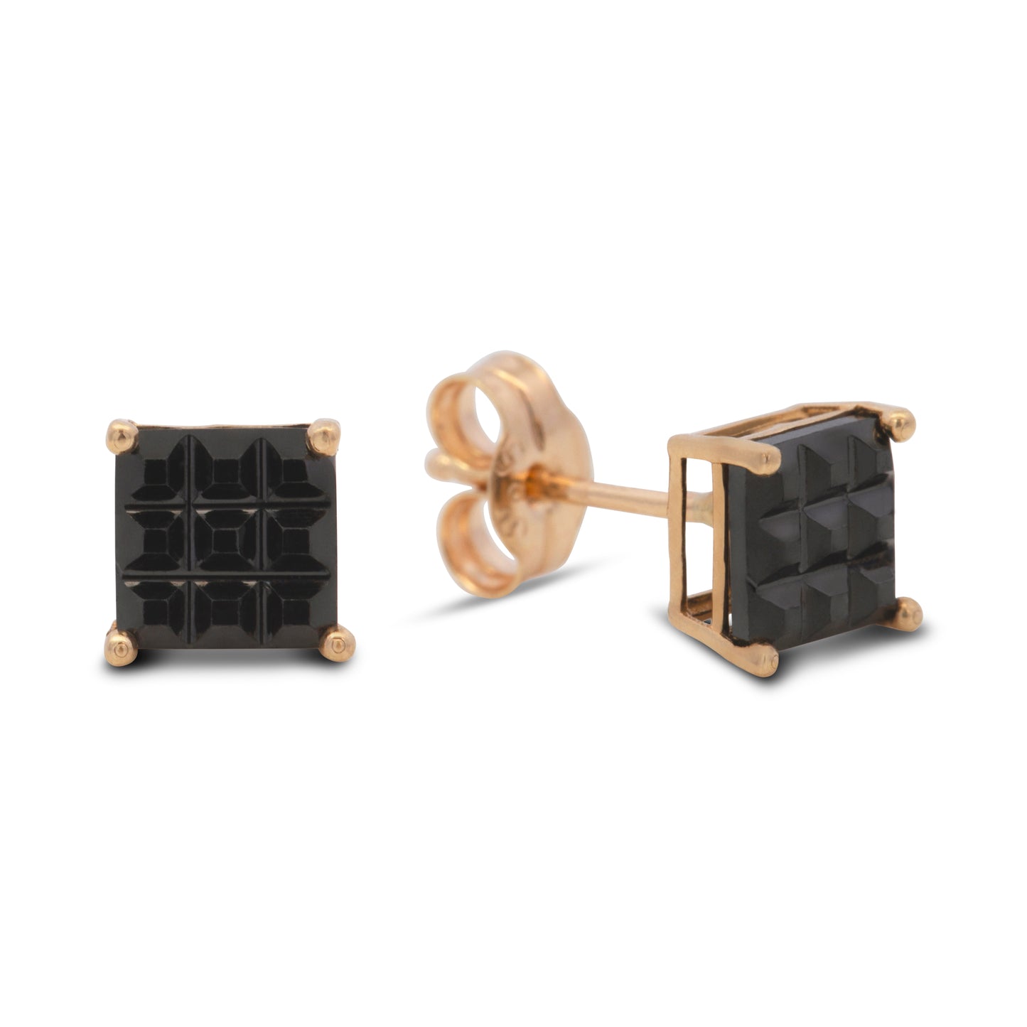 14K Yellow Gold 5MM Black Waffle CZ Stud Pushback Earrings