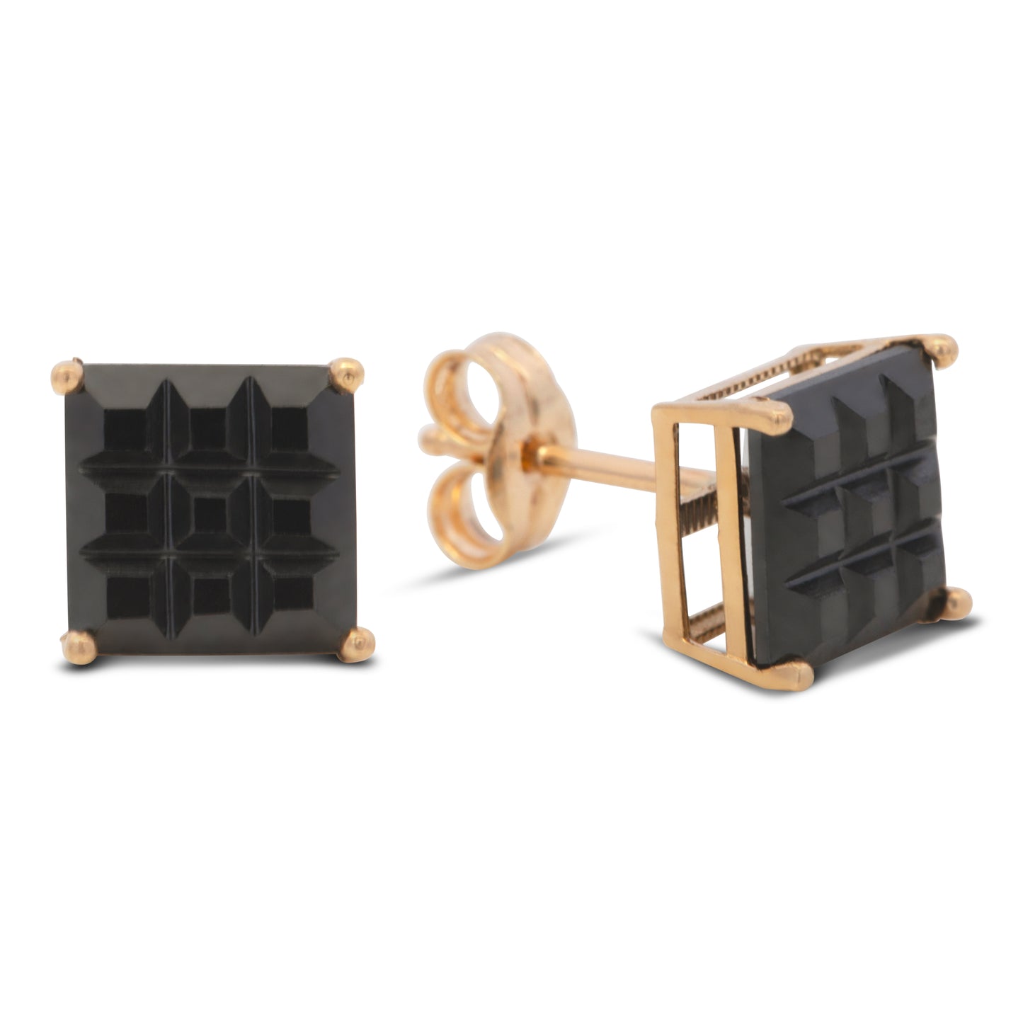 14K Yellow Gold 7MM Black Waffle CZ Stud Pushback Earrings