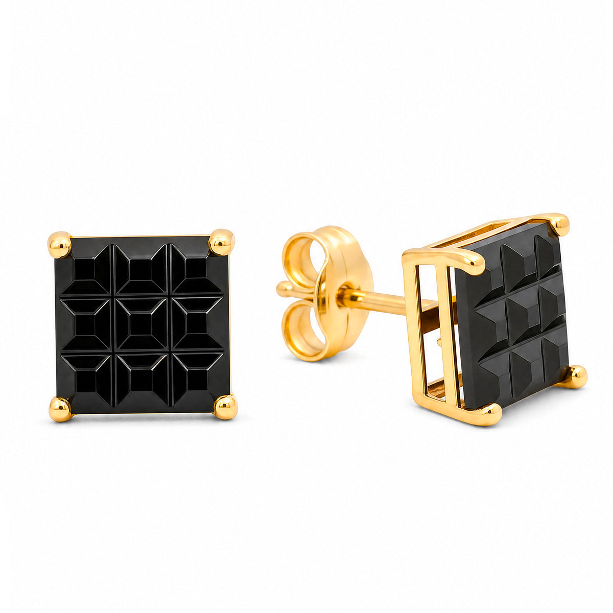 14K Yellow Gold 8MM Black Waffle CZ Stud Pushback Earrings