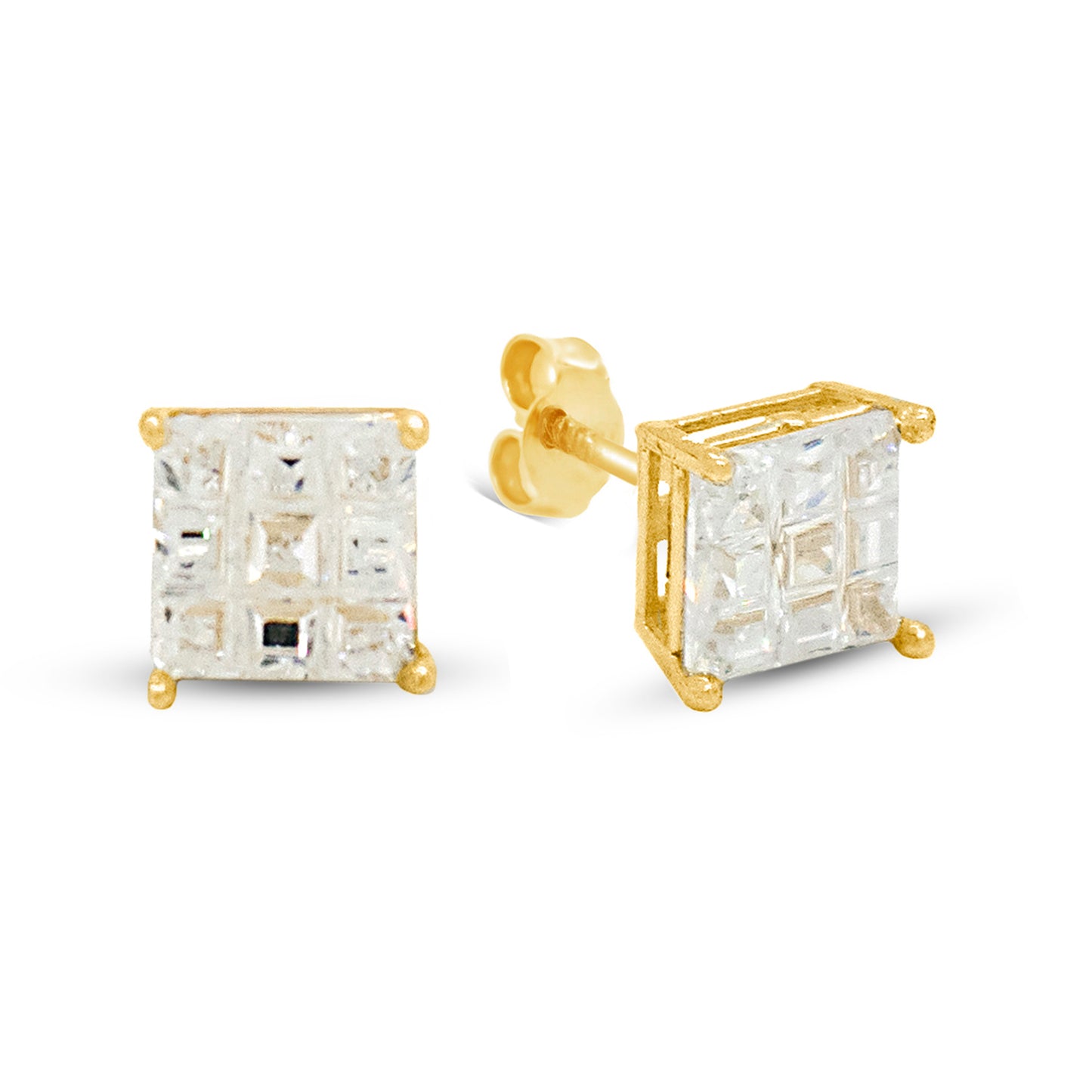 14K Yellow Gold 7MM White Waffle CZ Stud Pushback Earrings