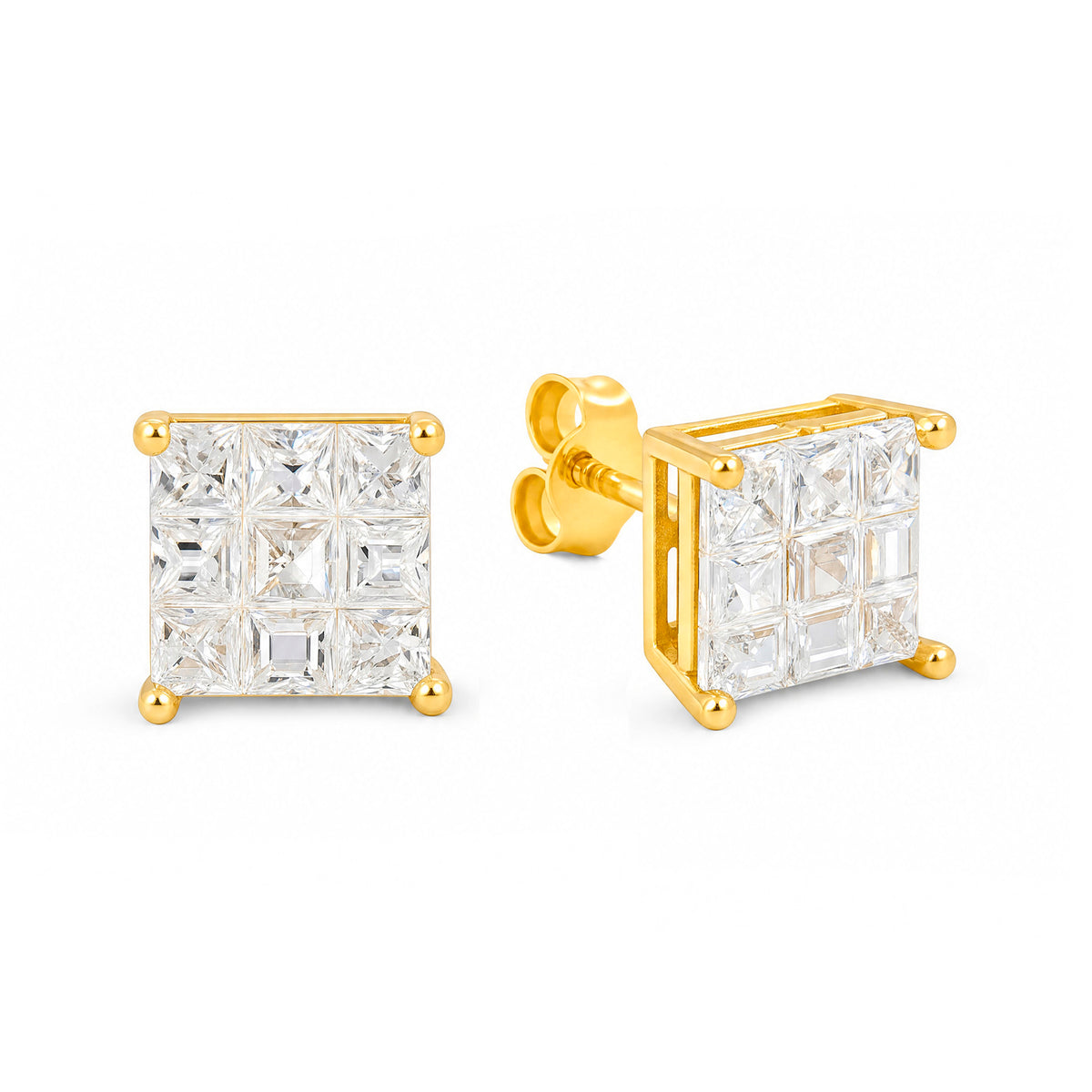 14K Yellow Gold 7MM White Waffle CZ Stud Pushback Earrings
