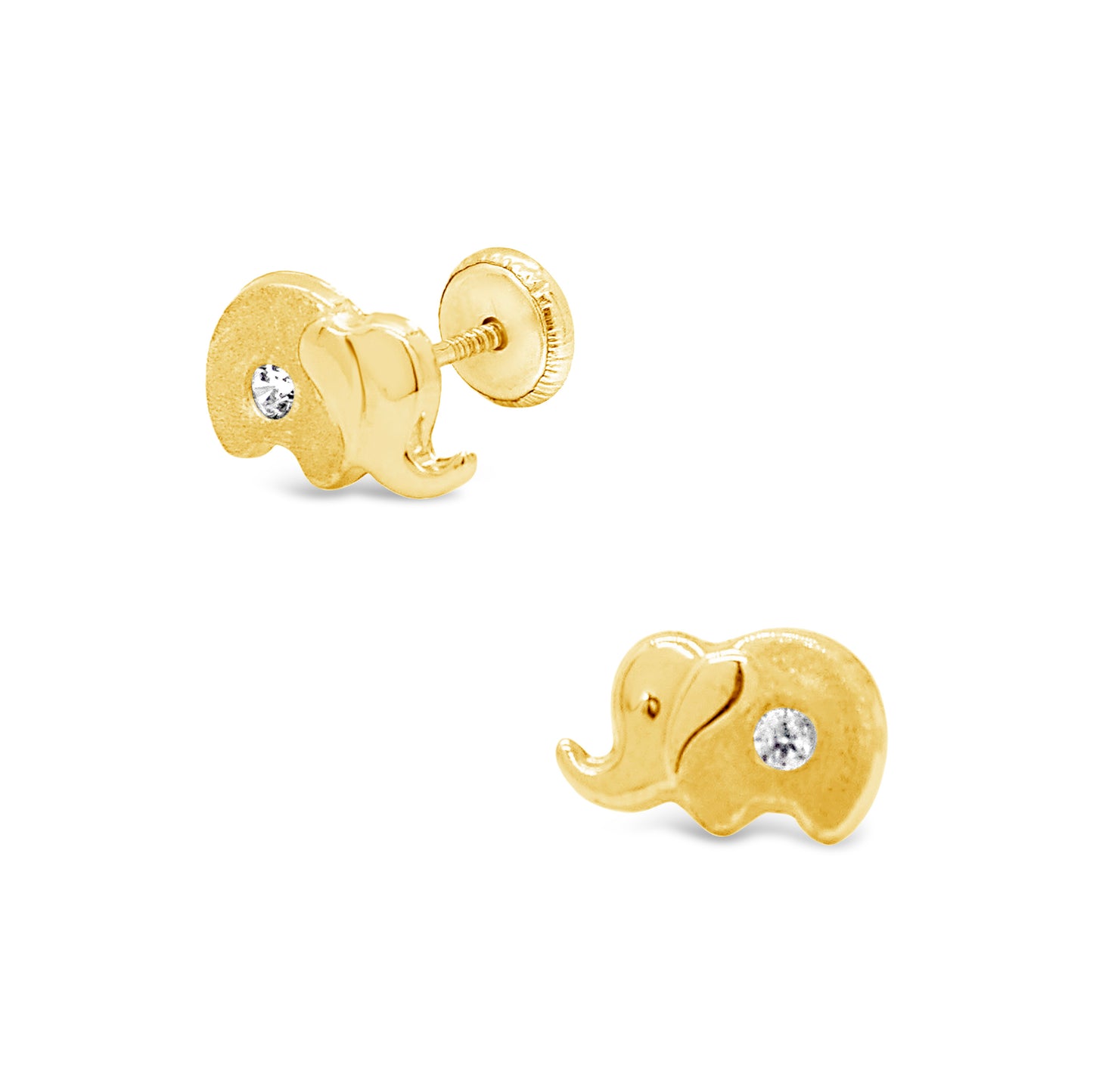 14K Yellow Gold Large Sitting Elephant with Solitaire White CZ Stud Screwback Earrings